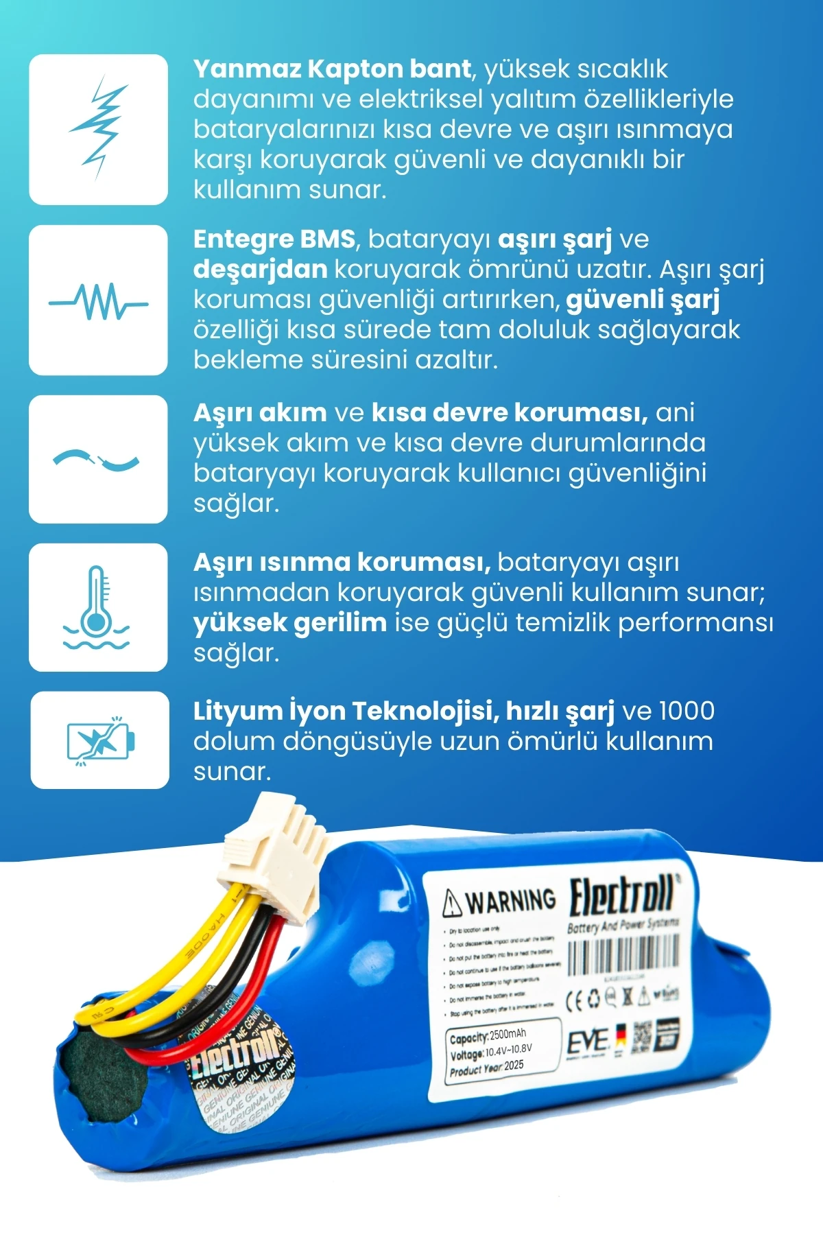 BEKO RS 2121 Uyumlu Batarya (ORJİNAL KAPASİTE) 2500mah Pil Robot Süpürge Bataryası Değişimi