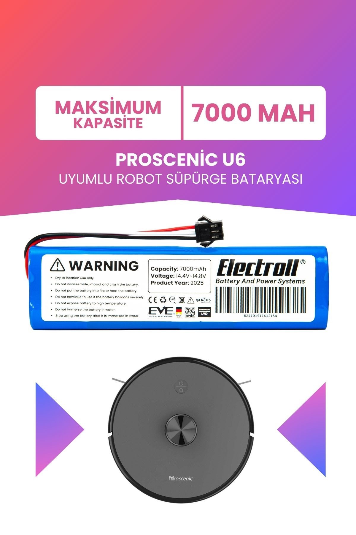 Proscenic U6 Uyumlu Batarya (MAKSİMUM KAPASİTE) 7000mah Pil Robot Süpürge Bataryası Değişimi
