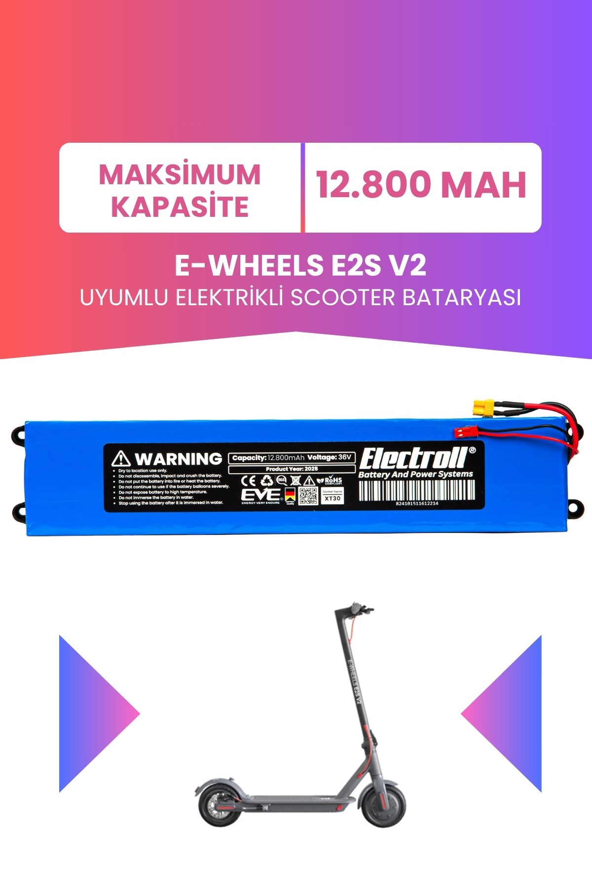 E-Wheels E2s V2 Uyumlu Batarya (Maksimum Kapasite) 36v 12.800Mah Elektrikli Scooter Bataryası