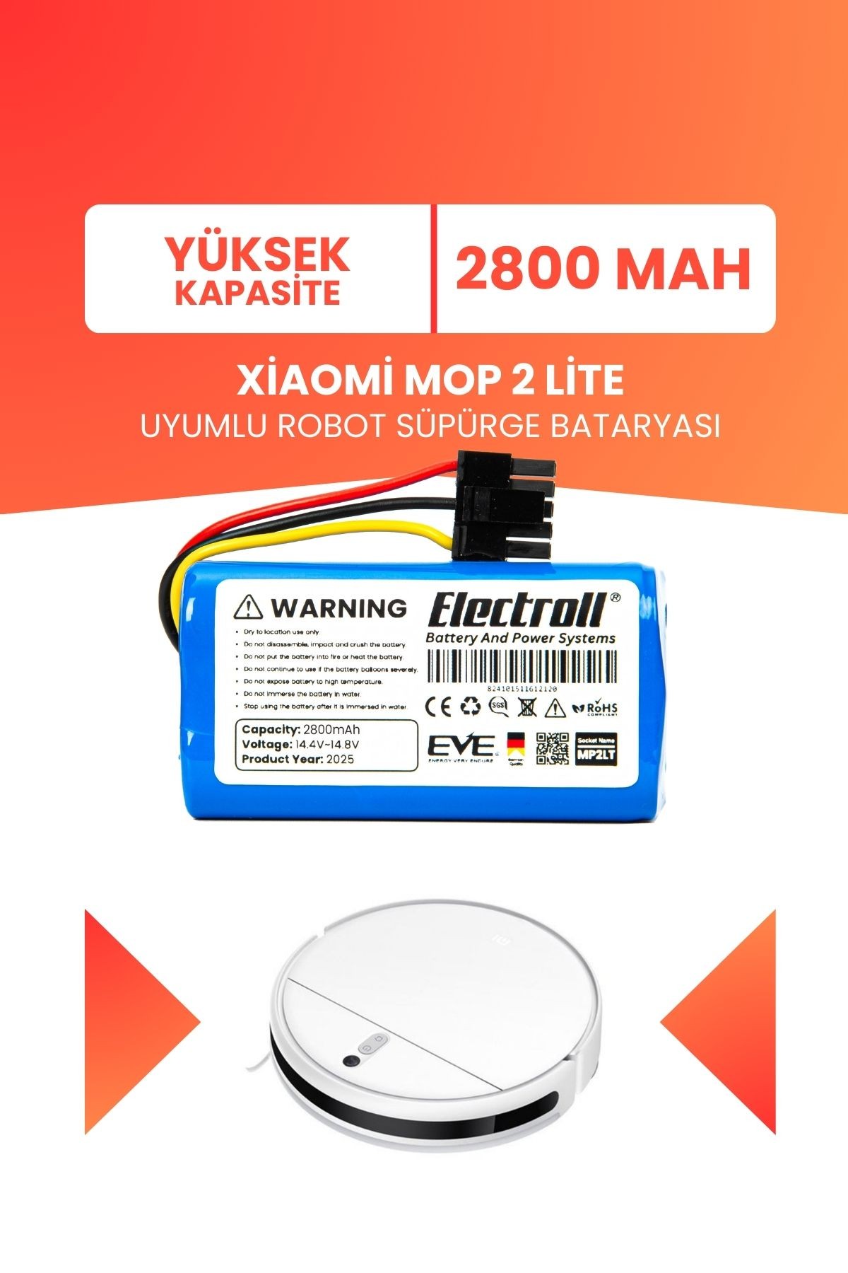 Xiaomi Mop 2 Lite Uyumlu Batarya (YÜKSEK KAPASİTE) 2800mah Pil Robot Süpürge Bataryası BHR5217EU