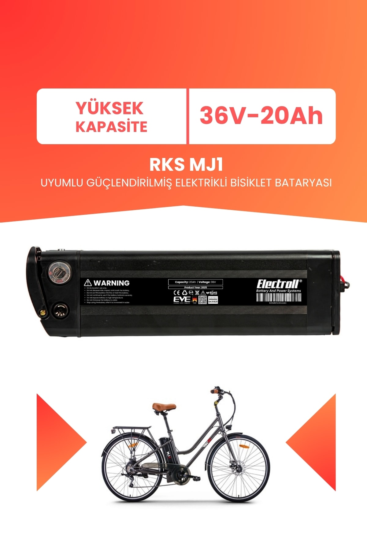 RKS MJ1 Uyumlu 36V 20Ah (Yüksek Kapasite) Güçlendirilmiş Elektrikli Bisiklet Batarya Tamir, Revizyon ve Pil Yenileme