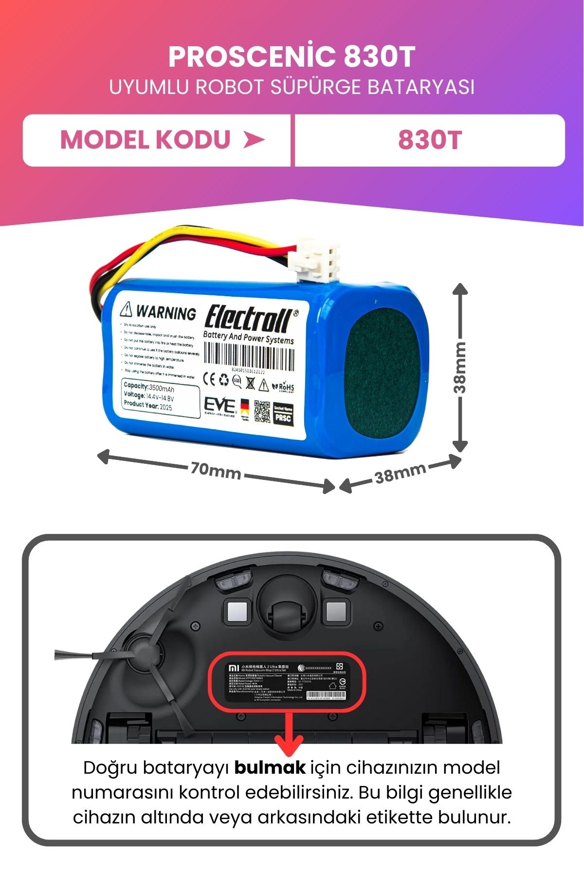 Proscenic 830t Uyumlu Batarya (MAKSİMUM KAPASİTE) 3500mah Pil Robot Süpürge Bataryası Değişimi