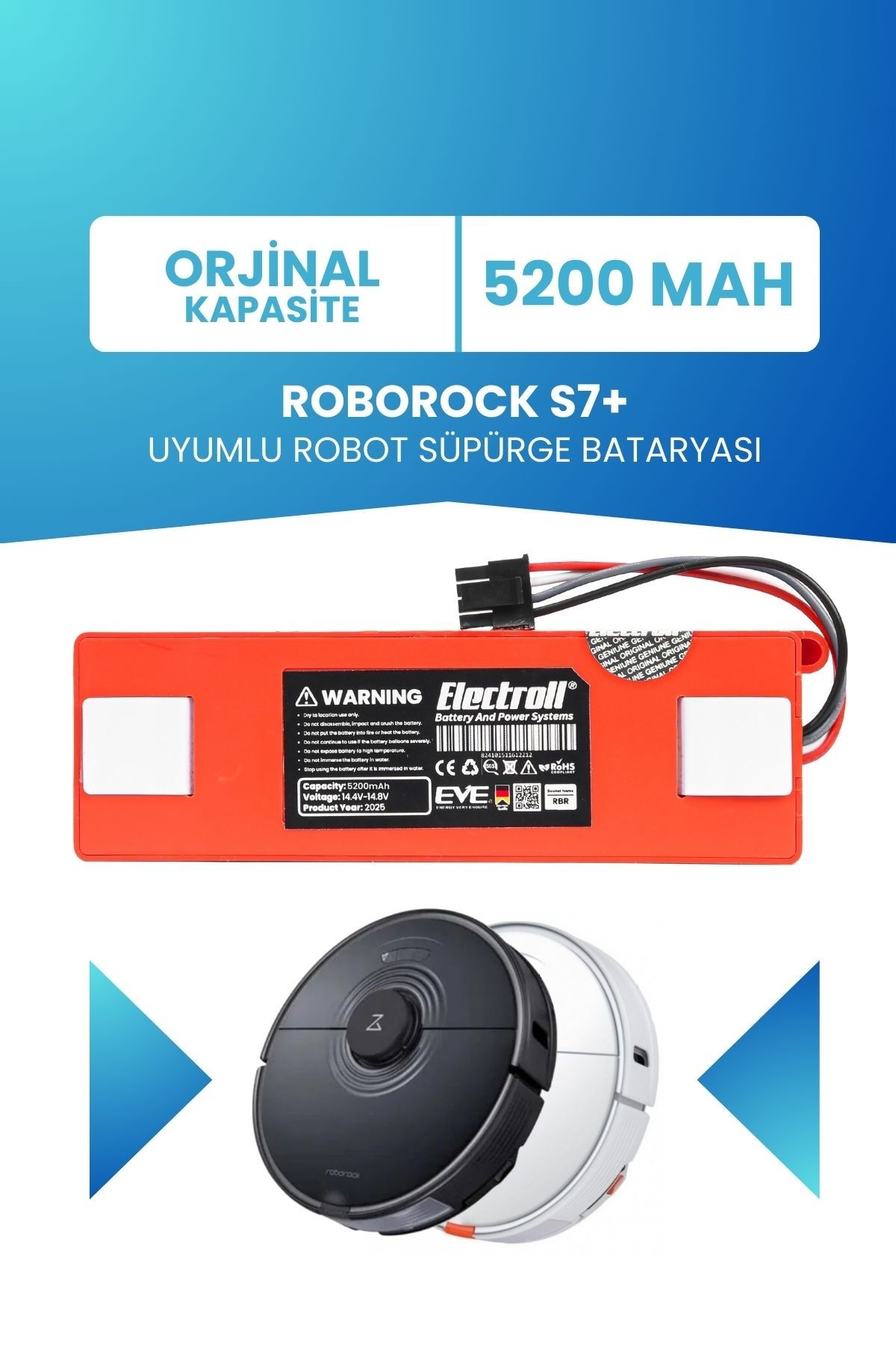 Roborock S7 Uyumlu Batarya (ORJİNAL KAPASİTE) 5200mah Pil Kutulu Robot Süpürge Bataryası Değişimi