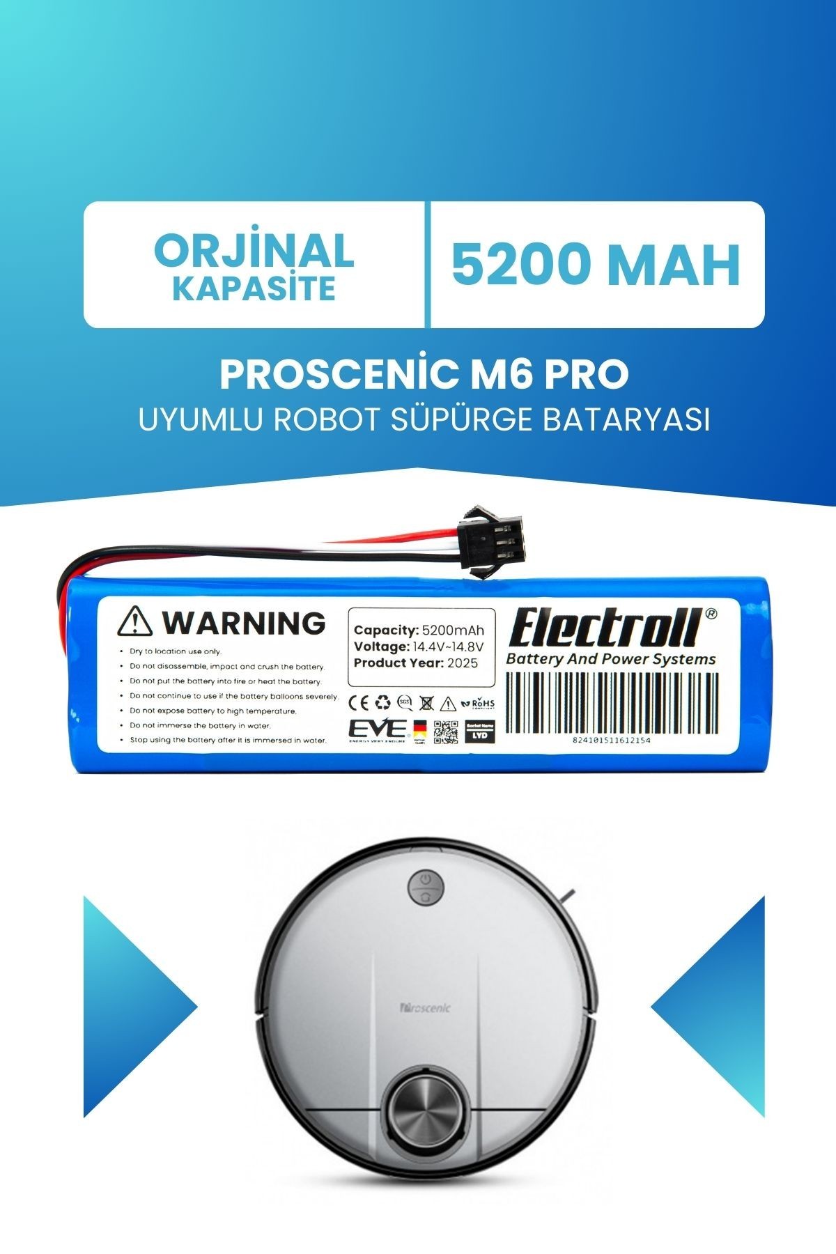 Proscenic M6 Pro Uyumlu Batarya (ORJİNAL KAPASİTE) 5200mah Pil Robot Süpürge Bataryası Değişimi