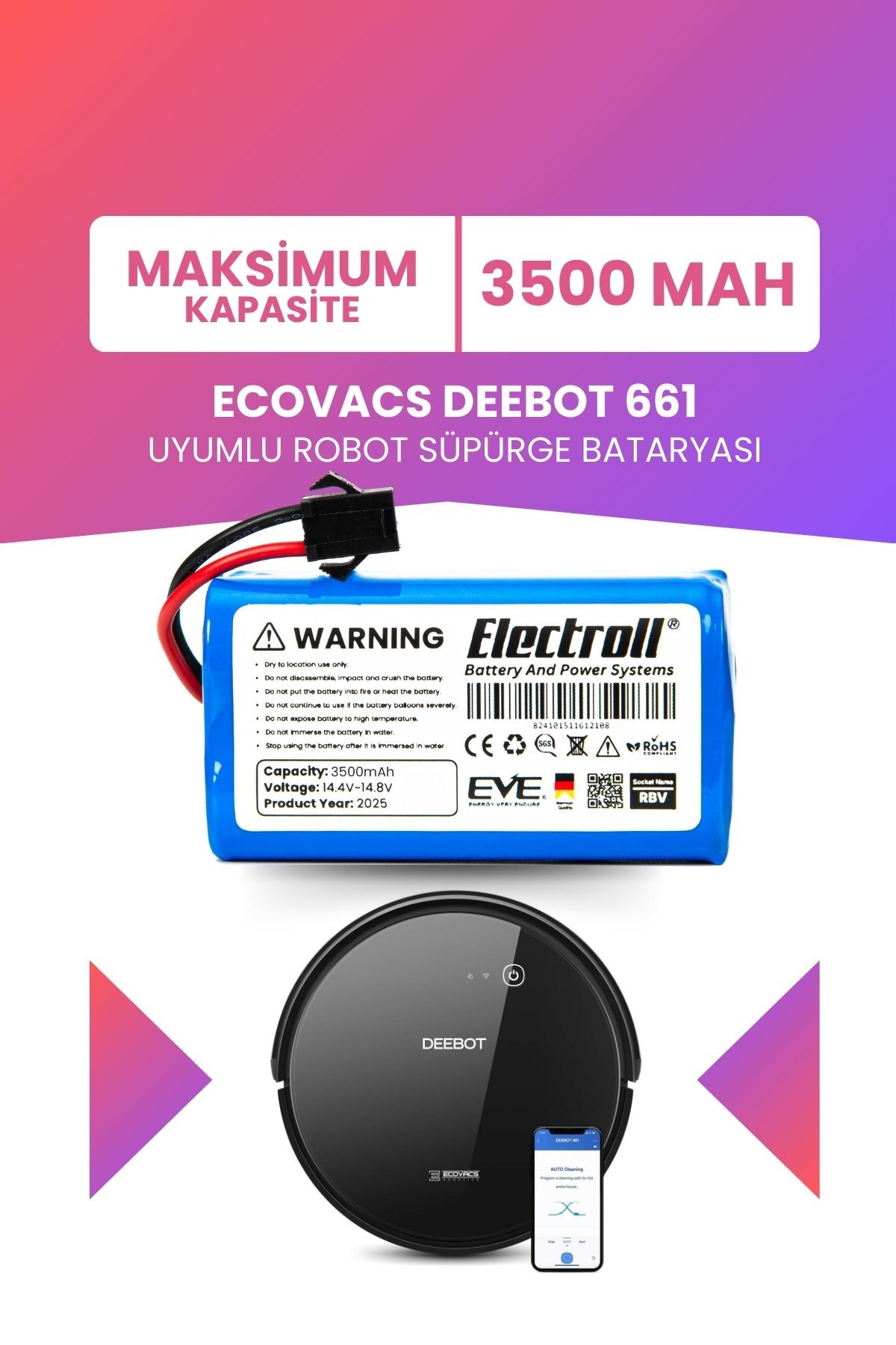 Ecovacs Deebot 661 Uyumlu Batarya (MAKSİMUM KAPASİTE) 3500mah Pil Robot Süpürge Bataryası