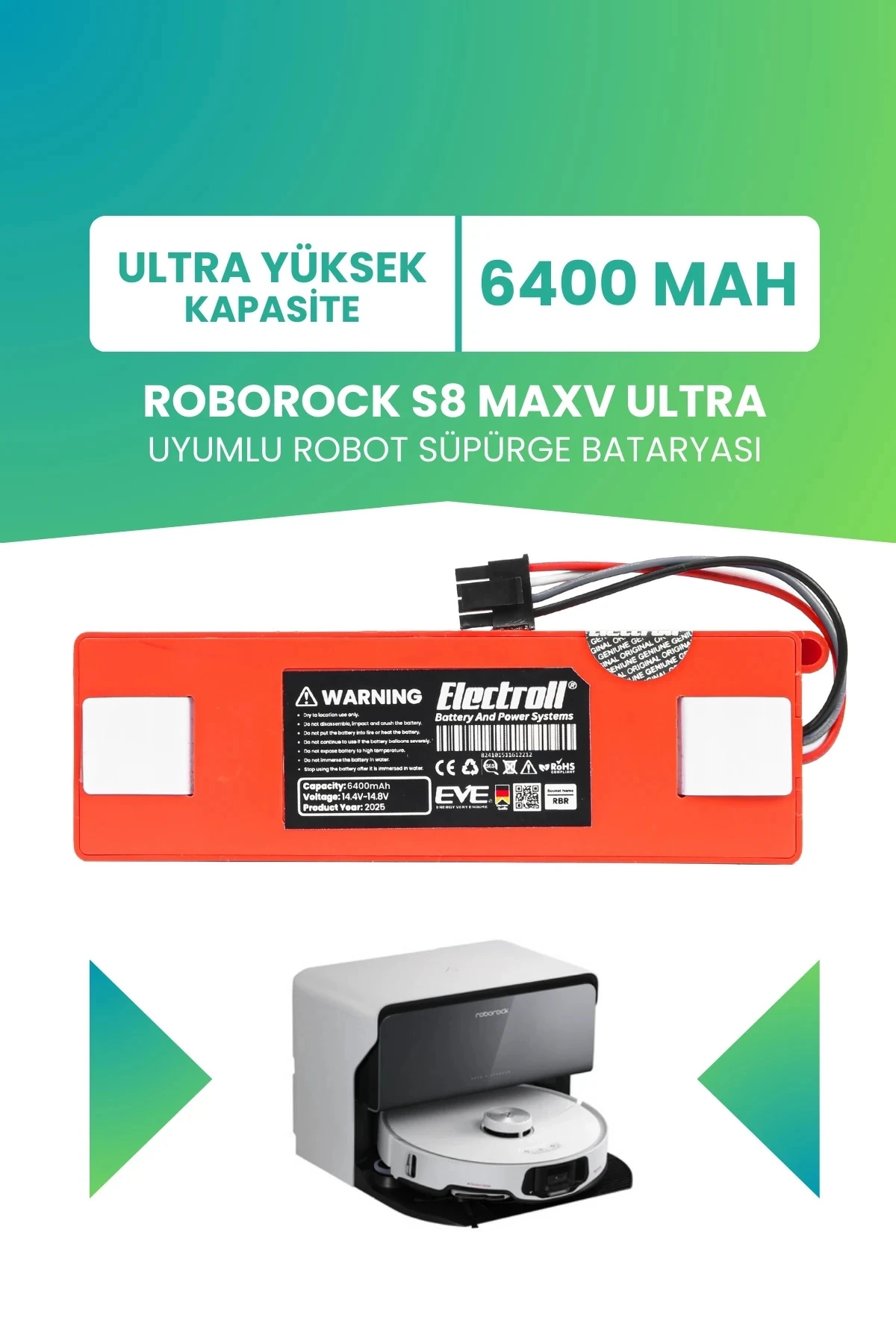 Roborock S8 Maxv Ultra Uyumlu Batarya (ULTRA YÜKSEK KAPASİTE) 6400mah Kutulu Robot Süpürge Pil Değişimi