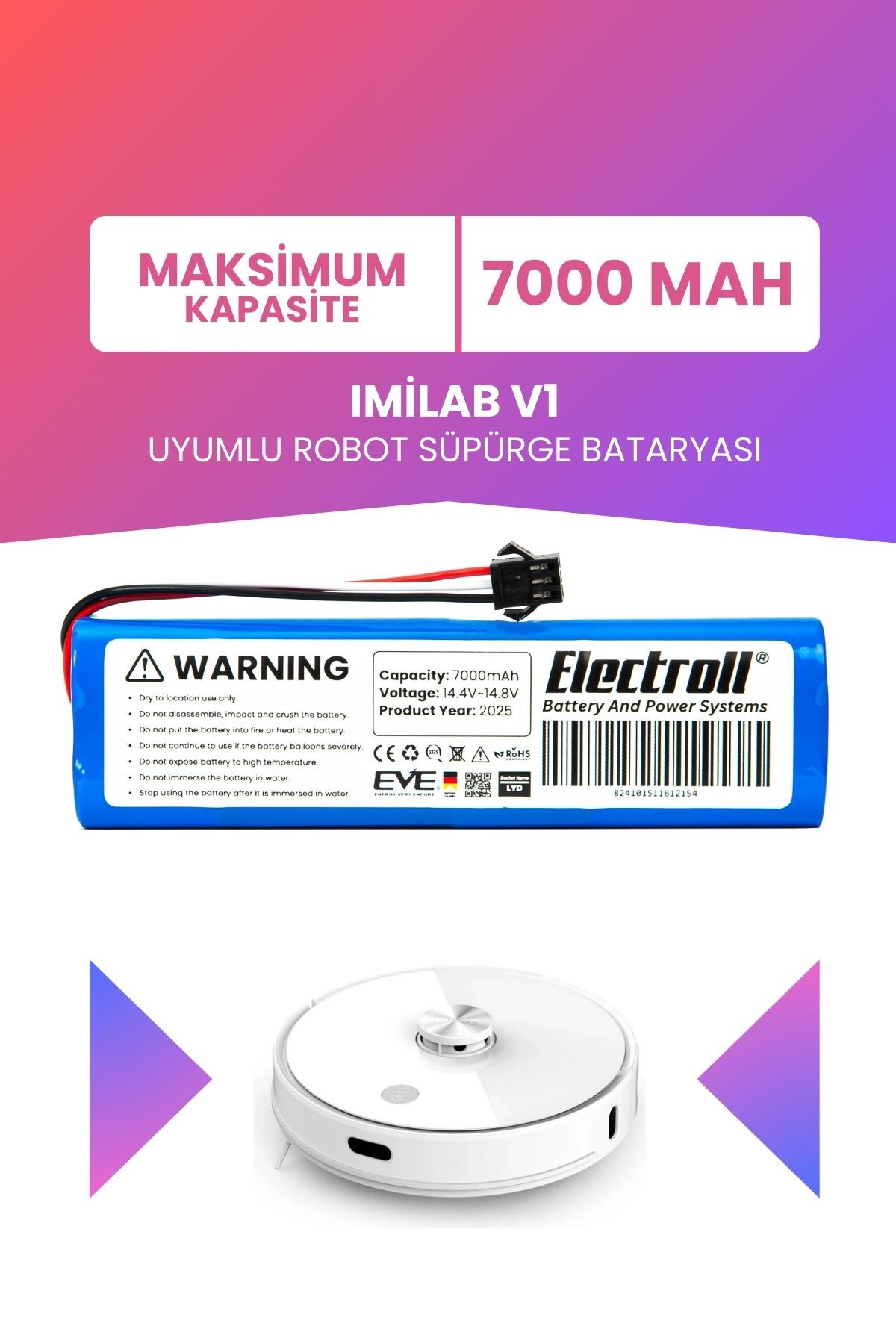 Imilab V1 Uyumlu Batarya (MAKSİMUM KAPASİTE) 7000mah Pil Robot Süpürge Bataryası Değişimi CMSDJ707A