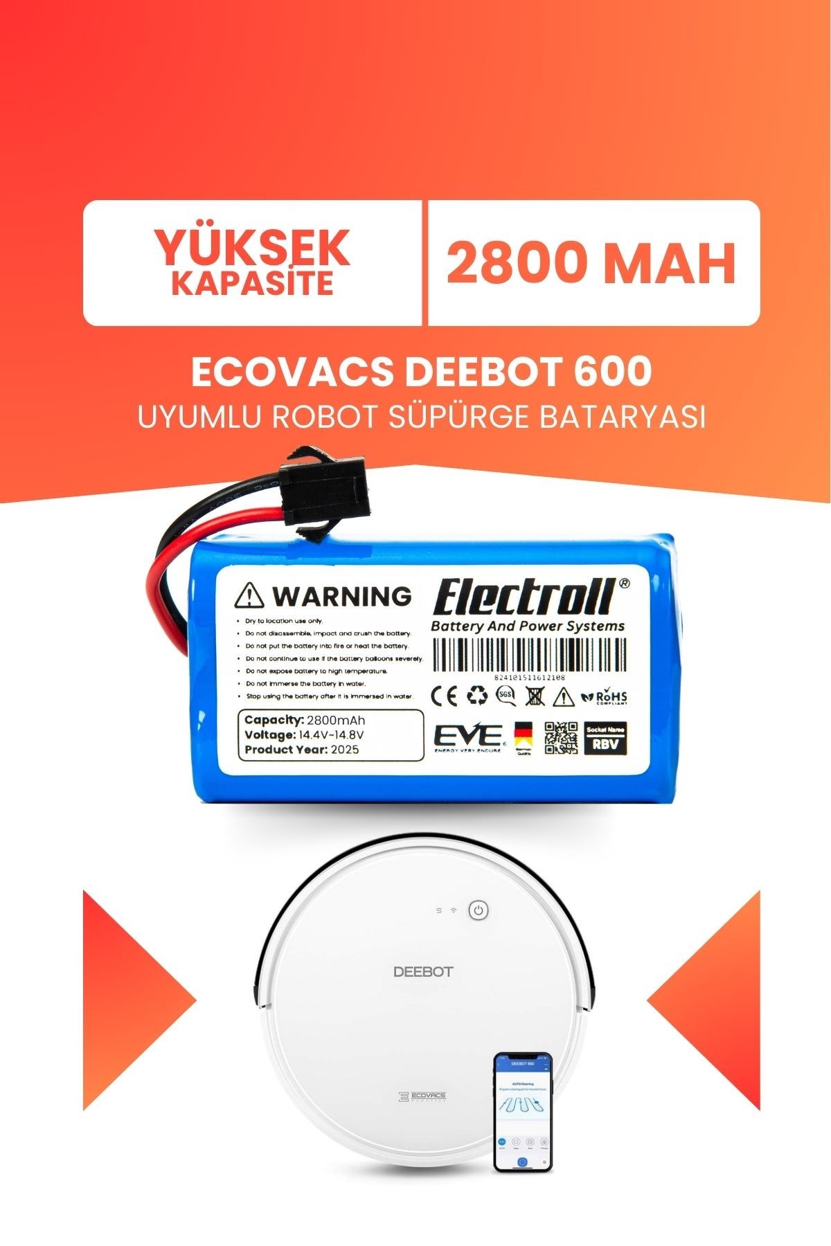 Ecovacs Deebot 600 Uyumlu Batarya (YÜKSEK KAPASİTE) 2800mah Pil Robot Süpürge Bataryası