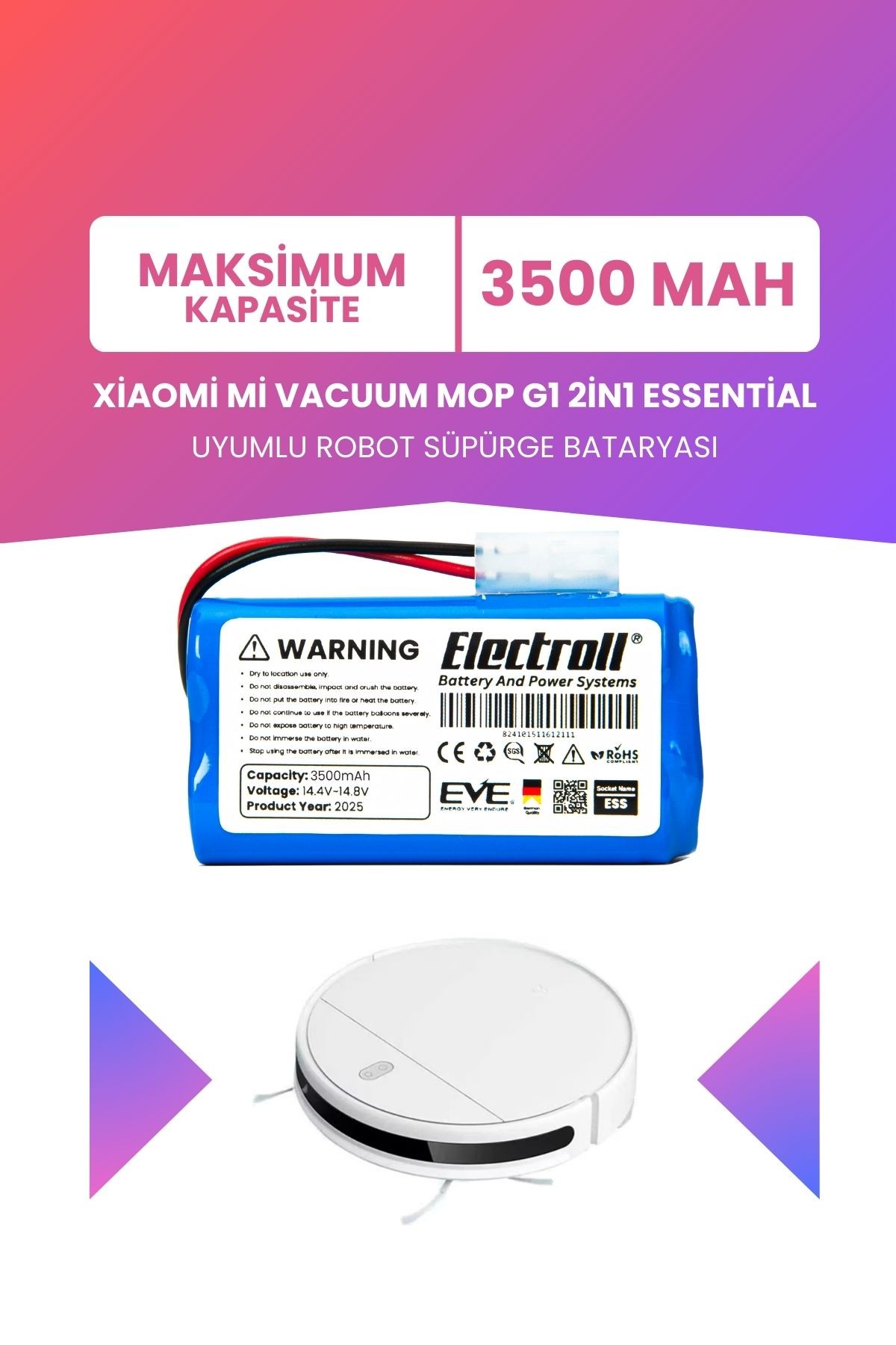 Xiaomi Vacuum Mop G1 2in1 Essential Batarya (MAKSİMUM KAPASİTE) 3500mah Robot Süpürge Pili MSJTG1
