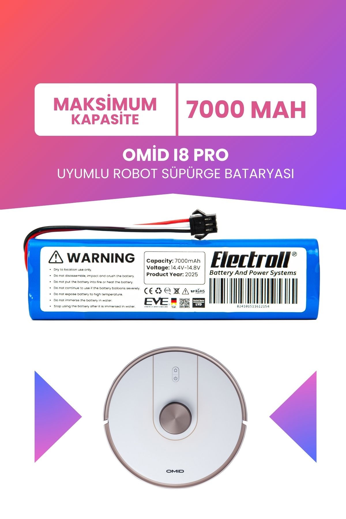 Omid I8 Pro Uyumlu Batarya (MAKSİMUM KAPASİTE) 7000mah Pil Robot Süpürge Bataryası Değişimi