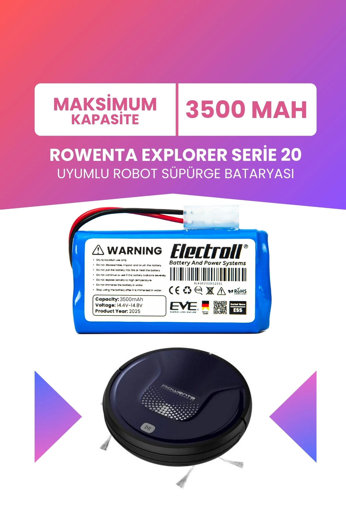 Rowenta Explorer Serie 20 Uyumlu Batarya (MAKSİMUM KAPASİTE) 3500mah Pil Robot Süpürge Batarya