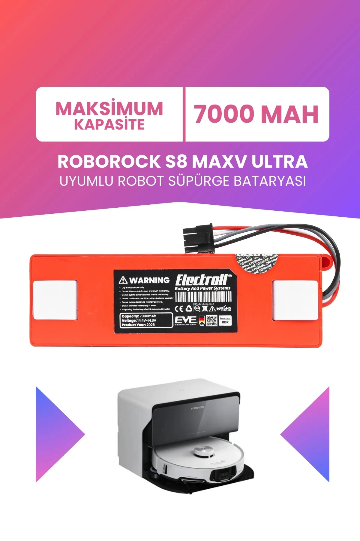 Roborock S8 Maxv Ultra Uyumlu Batarya (MAKSİMUM KAPASİTE) 7000mah Kutulu Robot Süpürge Pil Değişimi