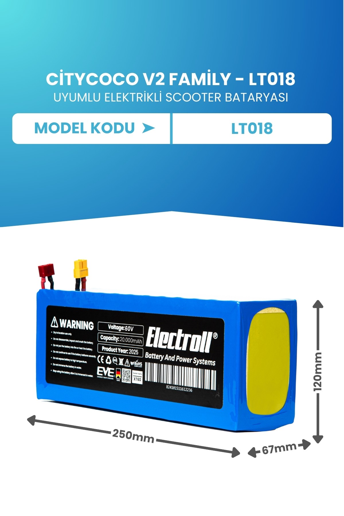 Citycoco V2 Family - LT018 Scooter Batarya (ORJİNAL KAPASİTE) LiFePO4 60V 20AH Elektrikli Scooter Bataryası