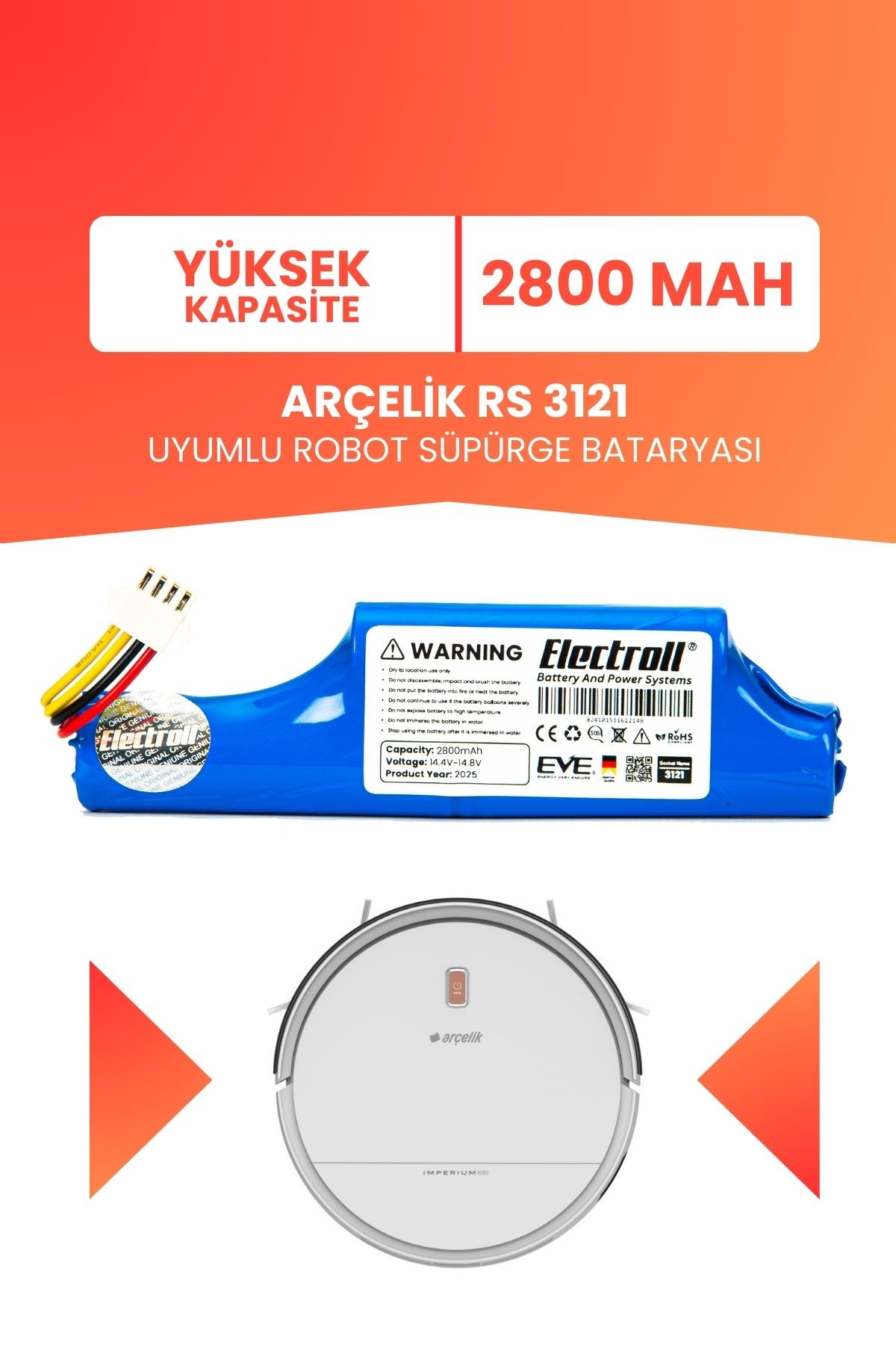 Arçelik Rs 3121 Uyumlu Batarya (YÜKSEK KAPASİTE) 2800mah Pil Robot Süpürge Bataryası 9178024542
