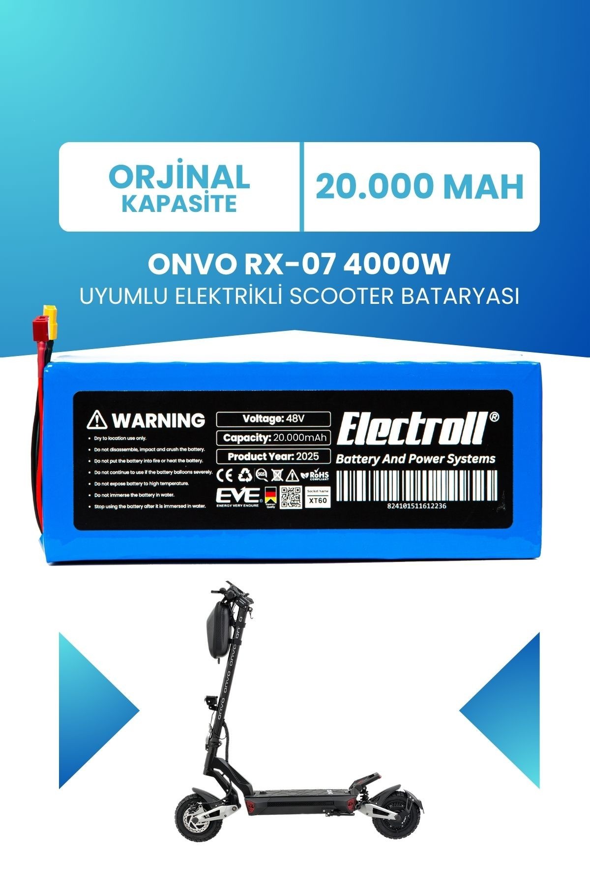 ONVO RX-07 4000W 60V 20AH Elektrikli Scooter Bataryası