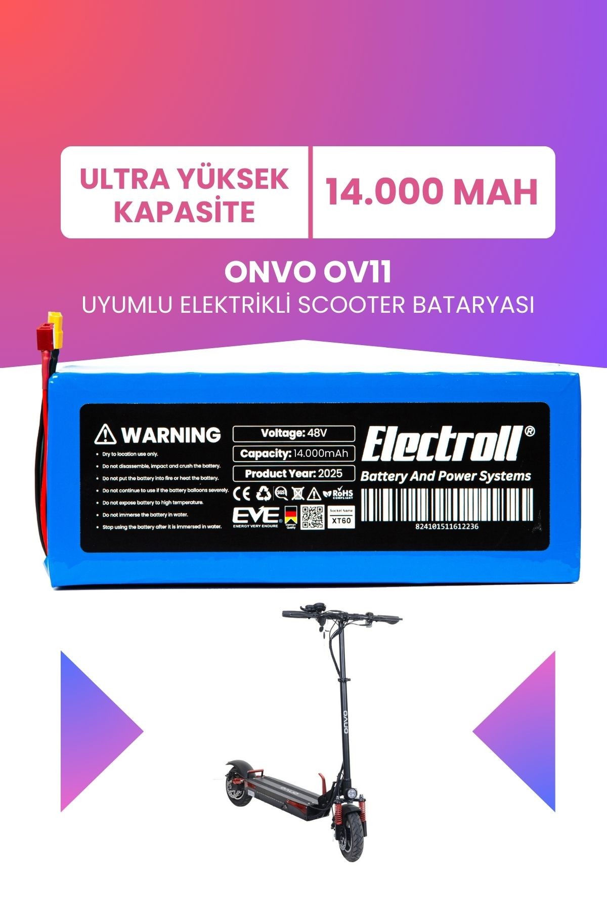 Onvo Ov-011 Batarya (ULTRA YÜKSEK KAPASİTE) 48v 14.000mah Pil Elektrikli Scooter Bataryası Değişimi