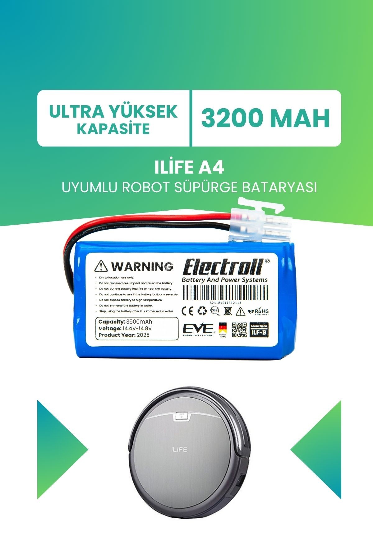 Ilife A4 Uyumlu Batarya (ULTRA YÜKSEK KAPASİTE) 3200mah Robot Süpürge Bataryası Değişimi