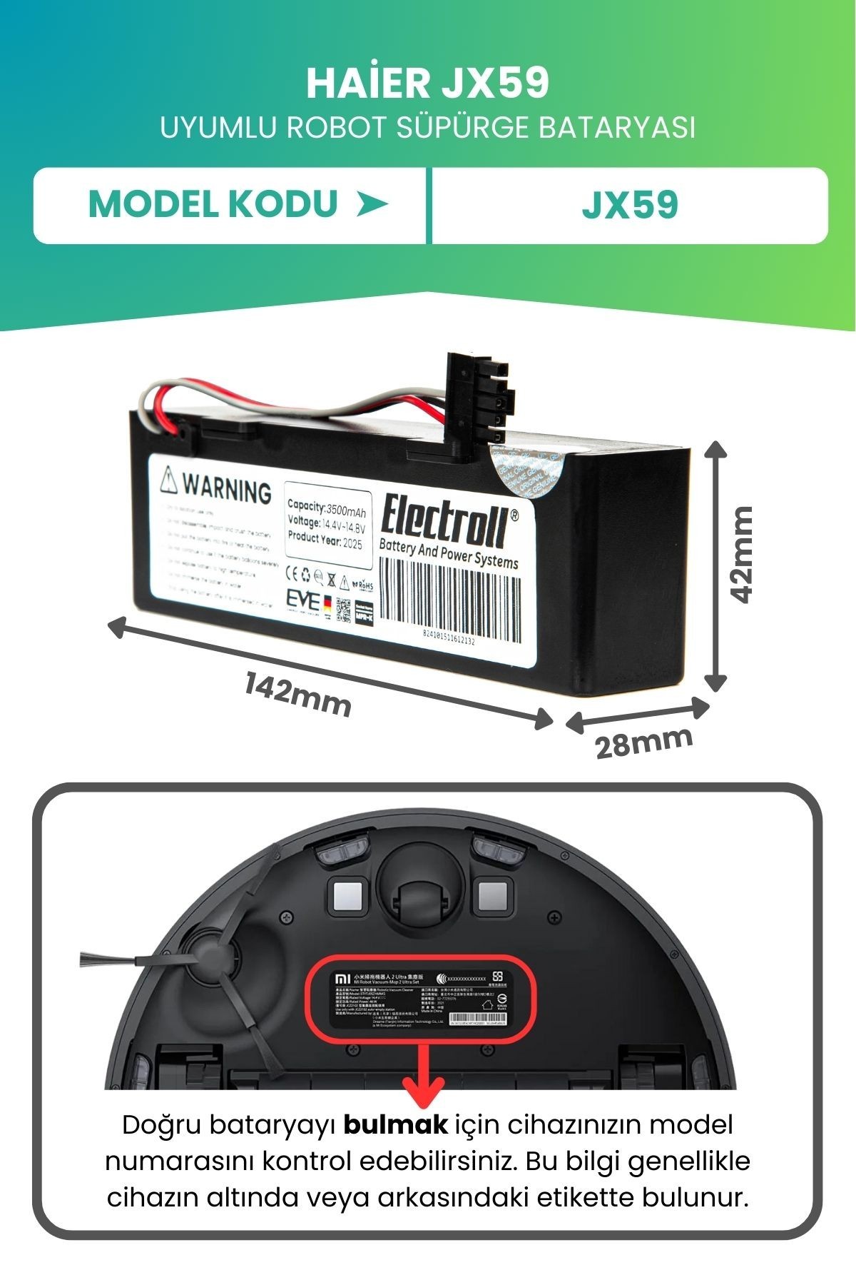 Haier Jx59 Uyumlu Batarya (ULTRA YÜKSEK KAPASİTE) 3500mah Kutulu Robot Süpürge Bataryası Değişimi