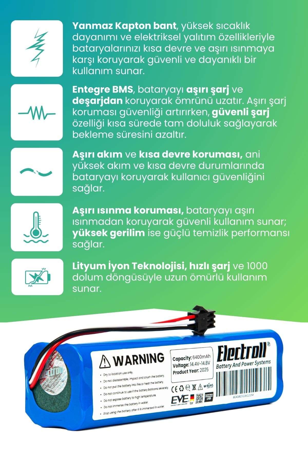 Lydsto R1 Uyumlu Batarya (ULTRA YÜKSEK KAPASİTE) 6400mah Pil Robot Süpürge Bataryası Değişimi