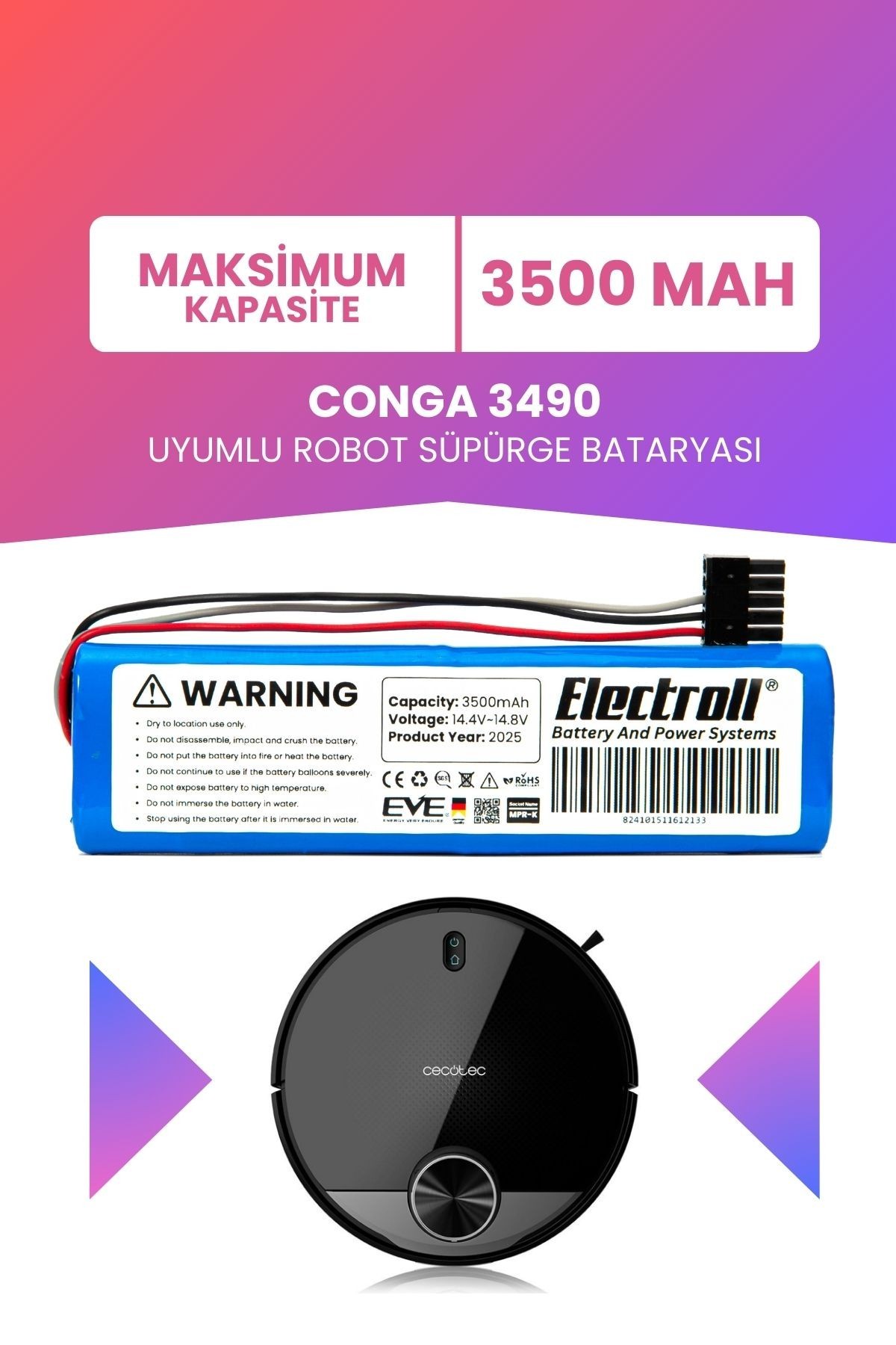 Conga 3490 Uyumlu Batarya (MAKSİMUM KAPASİTE) 3500mah Pil Robot Süpürge Bataryası Değişimi