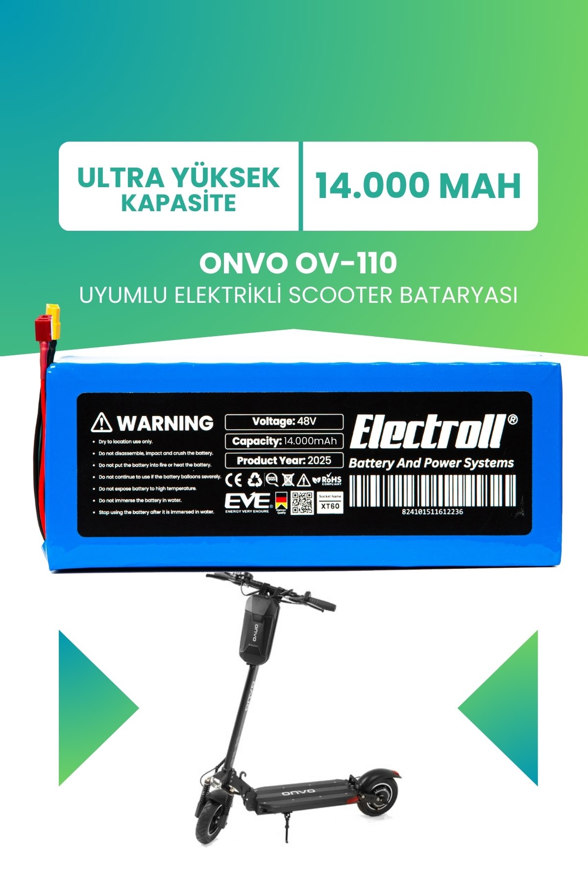 ONVO OV-110 Batarya (Ultra Yüksek Kapasite) Batarya 48v 14ah Pil Elektrikli Scooter Bataryası