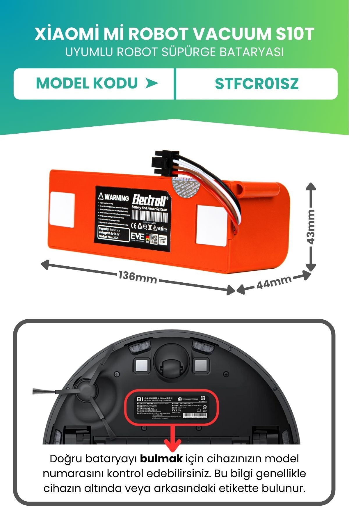 Xiaomi Mi Robot Vacuum S10t Uyumlu Batarya (ULTRA YÜKSEK KAPASİTE) 6400mah Robot Süpürge Stfcr01sz