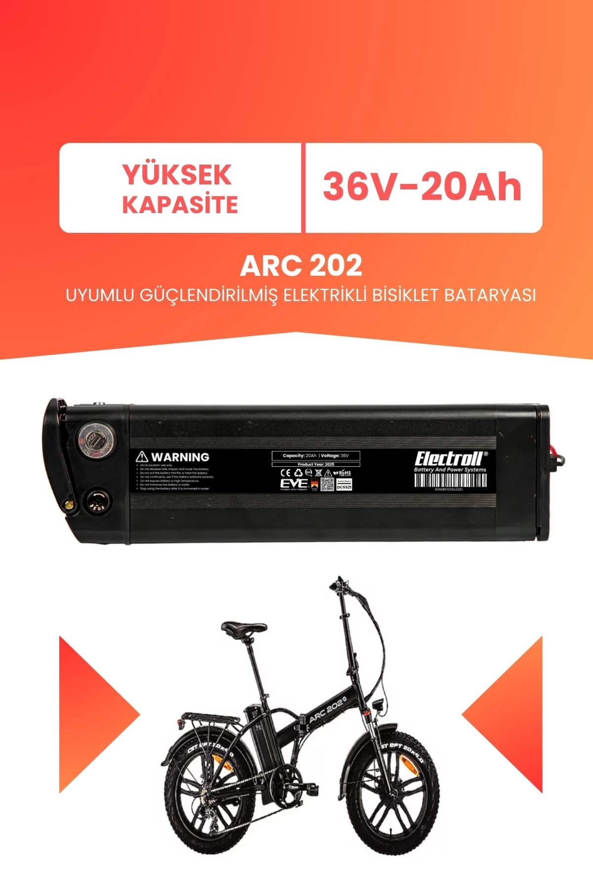 Arc 202 Uyumlu 36V 20Ah (Yüksek Kapasite) Güçlendirilmiş Elektrikli Bisiklet Batarya Tamir, Revizyon ve Pil Yenileme