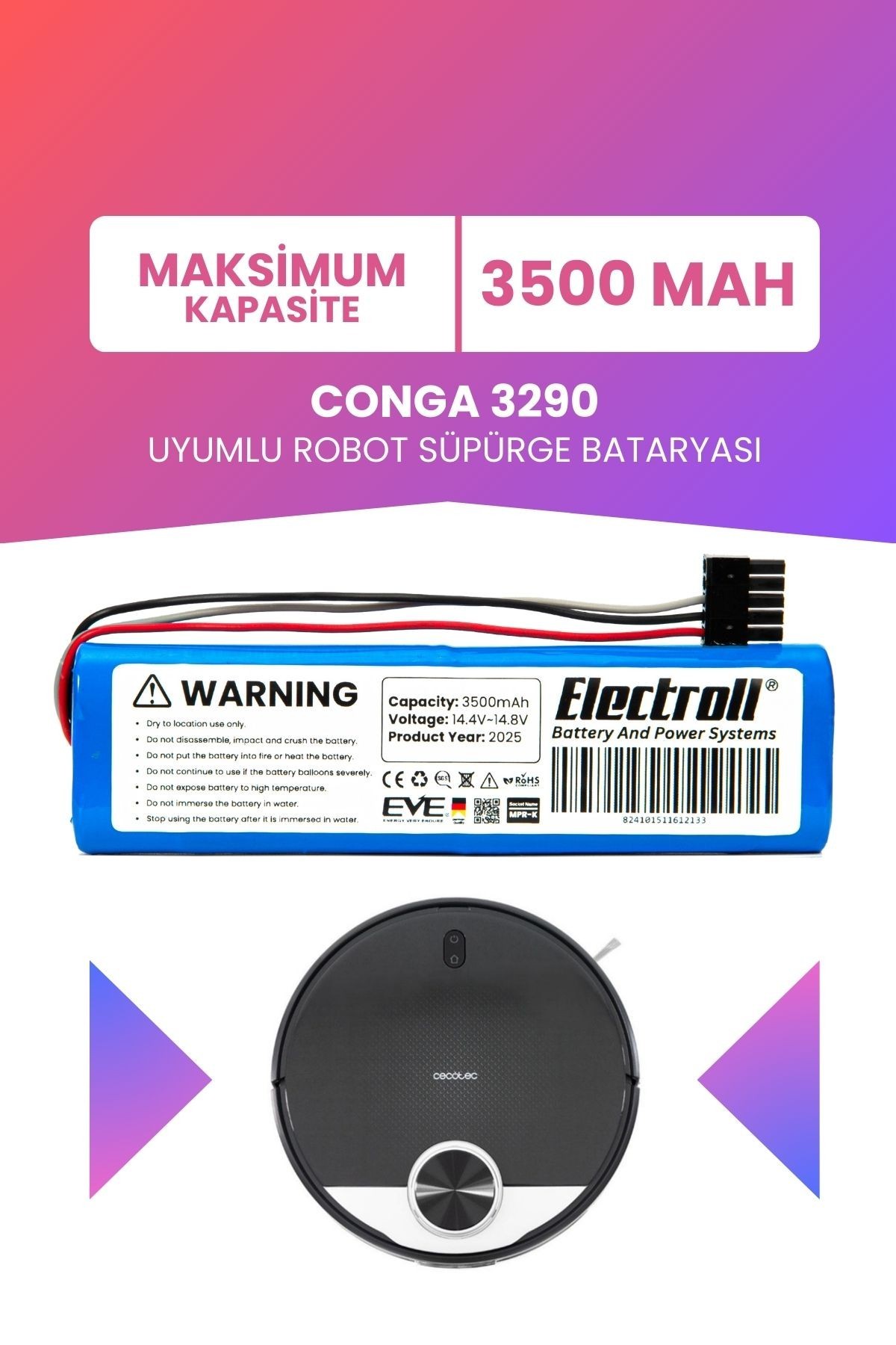 Conga 3290 Uyumlu Batarya (MAKSİMUM KAPASİTE) 3500mah Pil Robot Süpürge Bataryası Değişimi