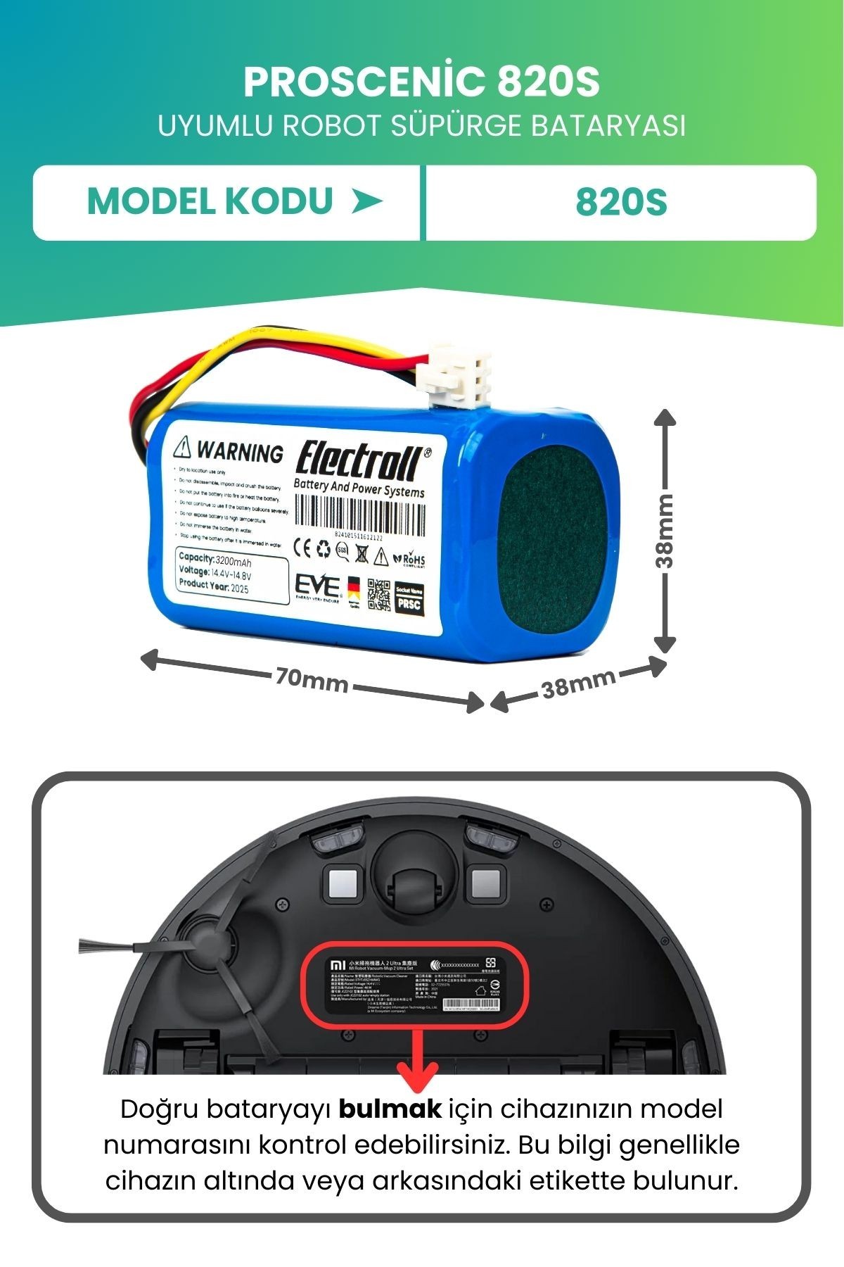 Proscenic 820s Uyumlu Batarya (YÜKSEK KAPASİTE) 3200mah Pil Robot Süpürge Bataryası Değişimi