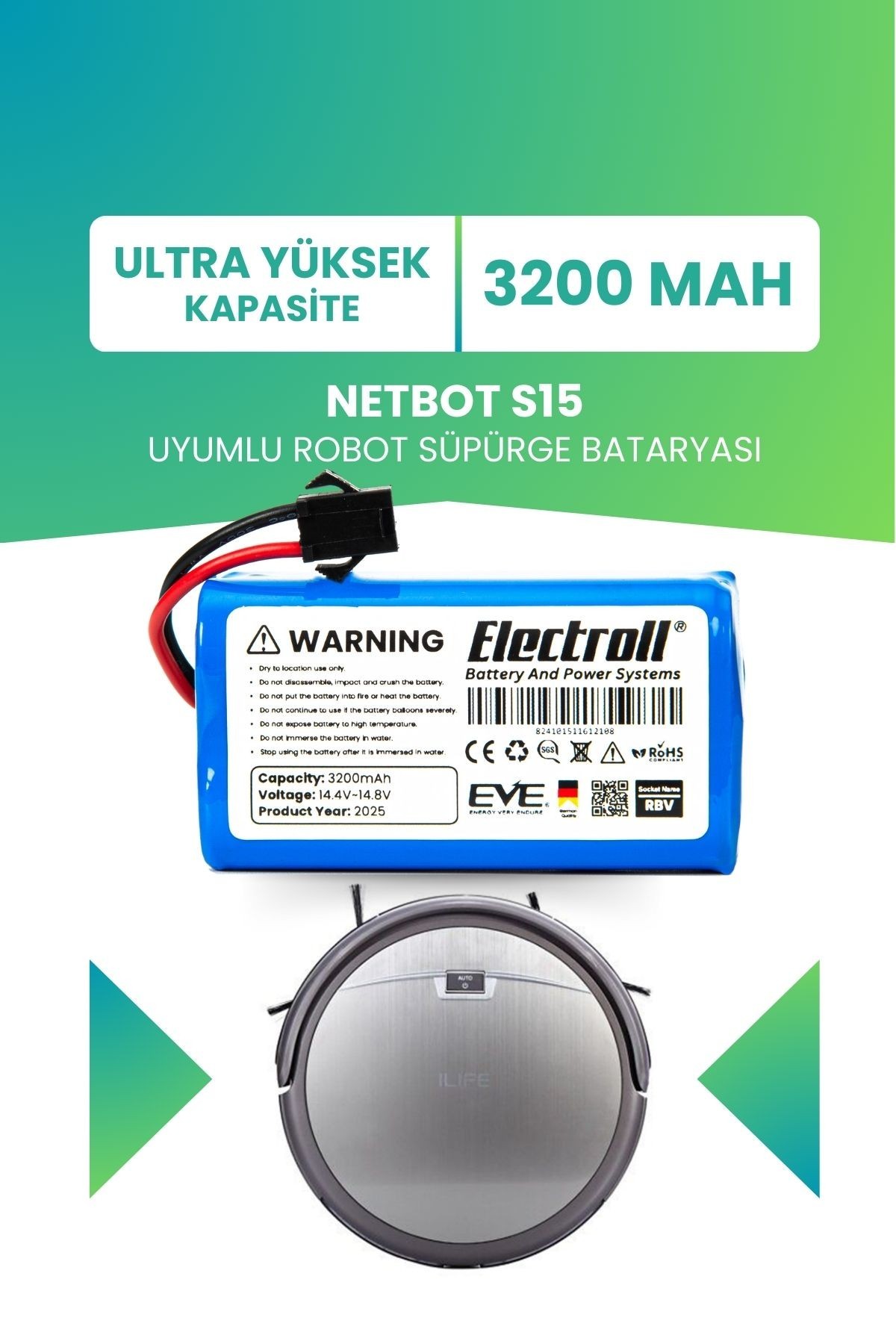 Netbot S15 Uyumlu Batarya (ULTRA YÜKSEK KAPASİTE) 3200mah Pil Robot Süpürge Bataryası