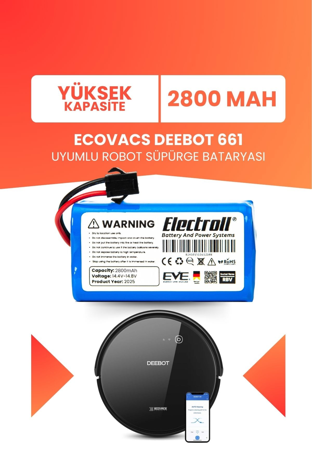 Ecovacs Deebot 661 Uyumlu Batarya (YÜKSEK KAPASİTE) 2800mah Pil Robot Süpürge Bataryası