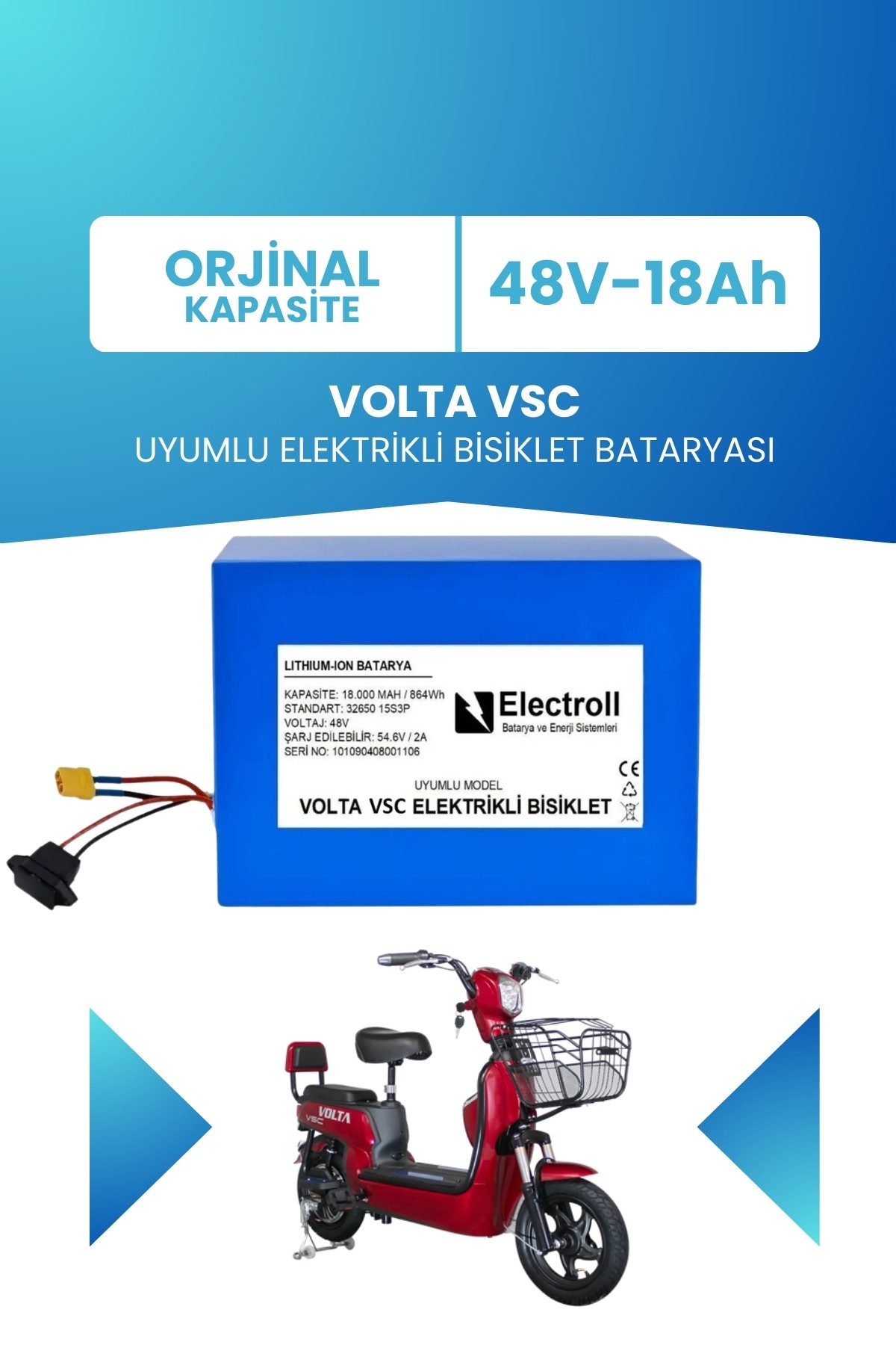 Volta Vsc Batarya 48v 18 Ah Lifepo4 (Elektrikli Bisiklet için Akü) 