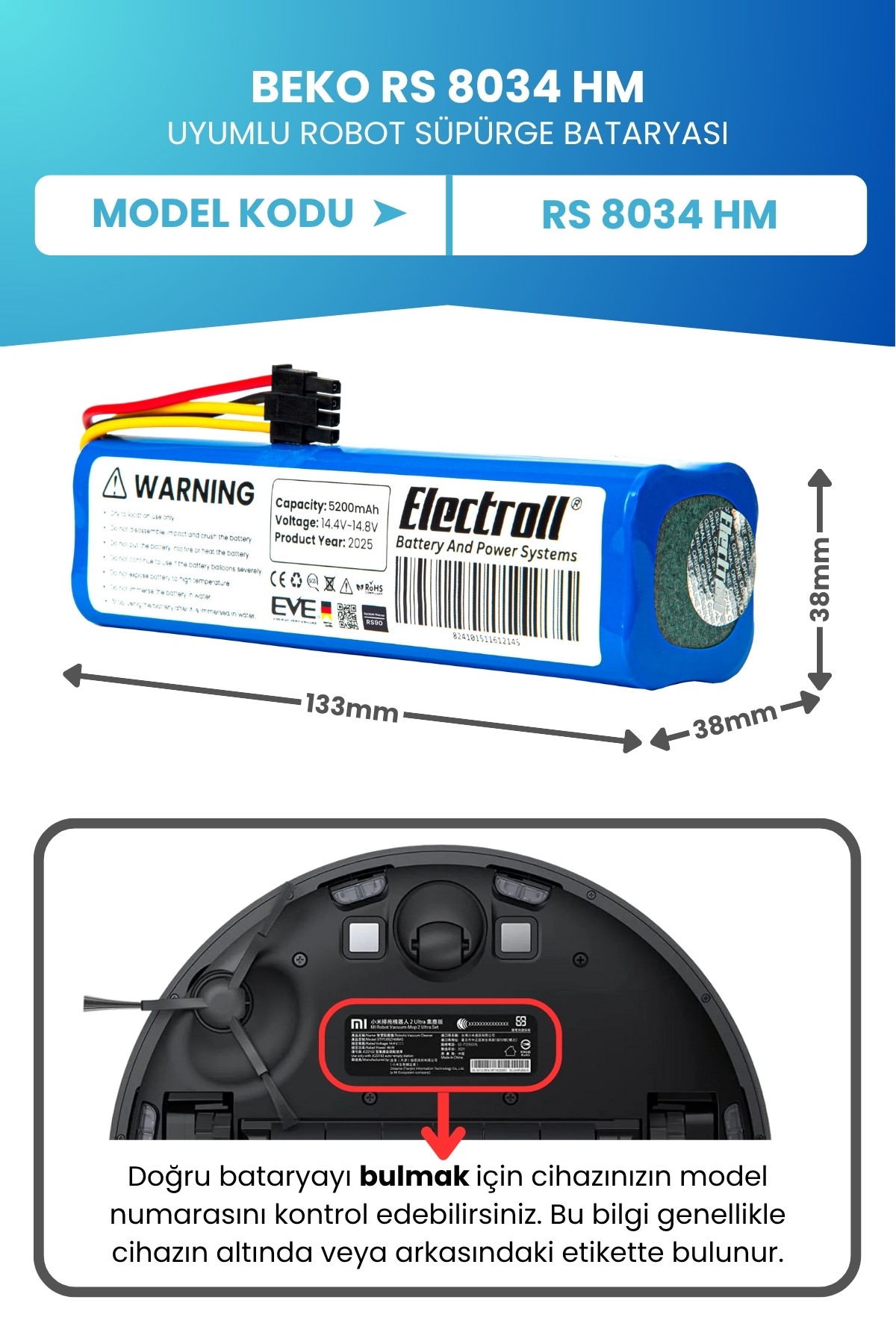 Beko Rs 8034 Hm Uyumlu Batarya (STANDART KAPASİTE) 5200mah Robot Süpürge Bataryası