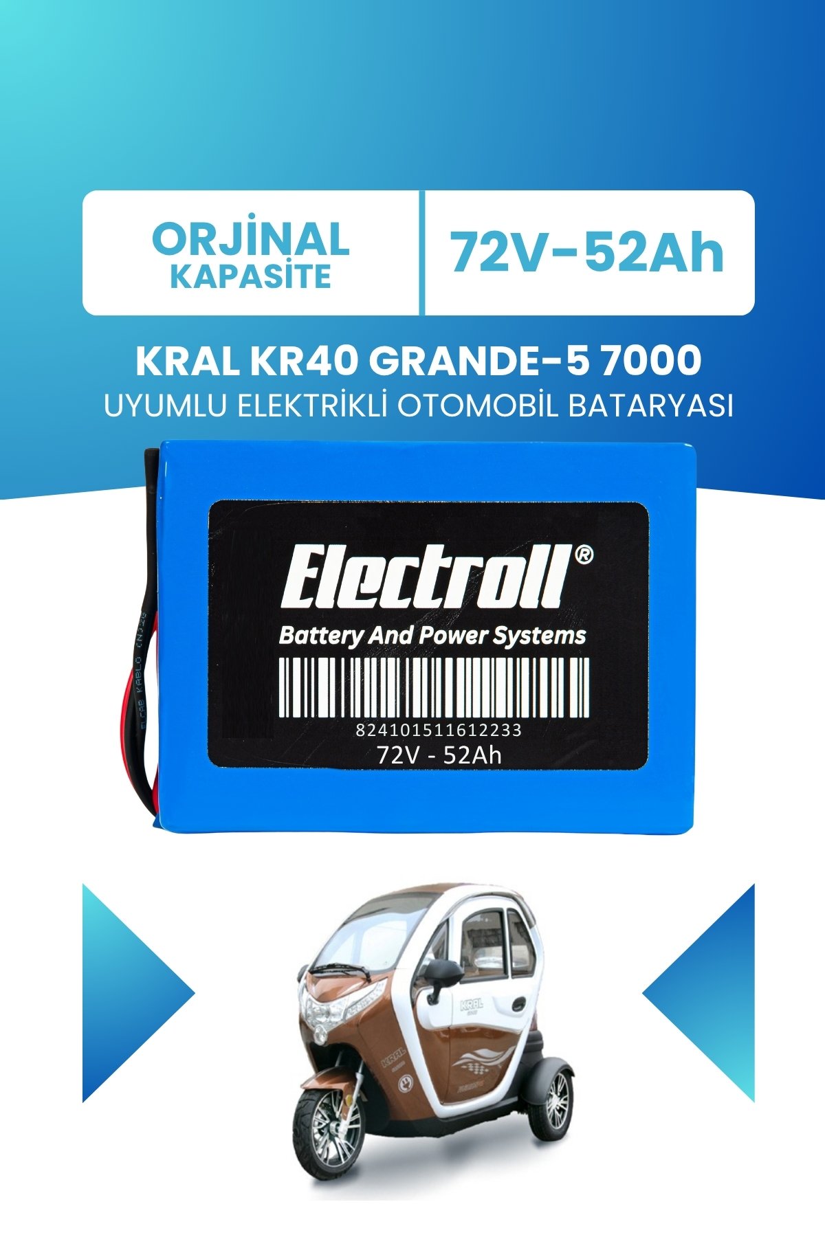 Kral Kr40 Grande-5 7000 Uyumlu Batarya (Standart Kapasite) Lifepo4 72V 52AH Elektrikli Otomobil Bataryası