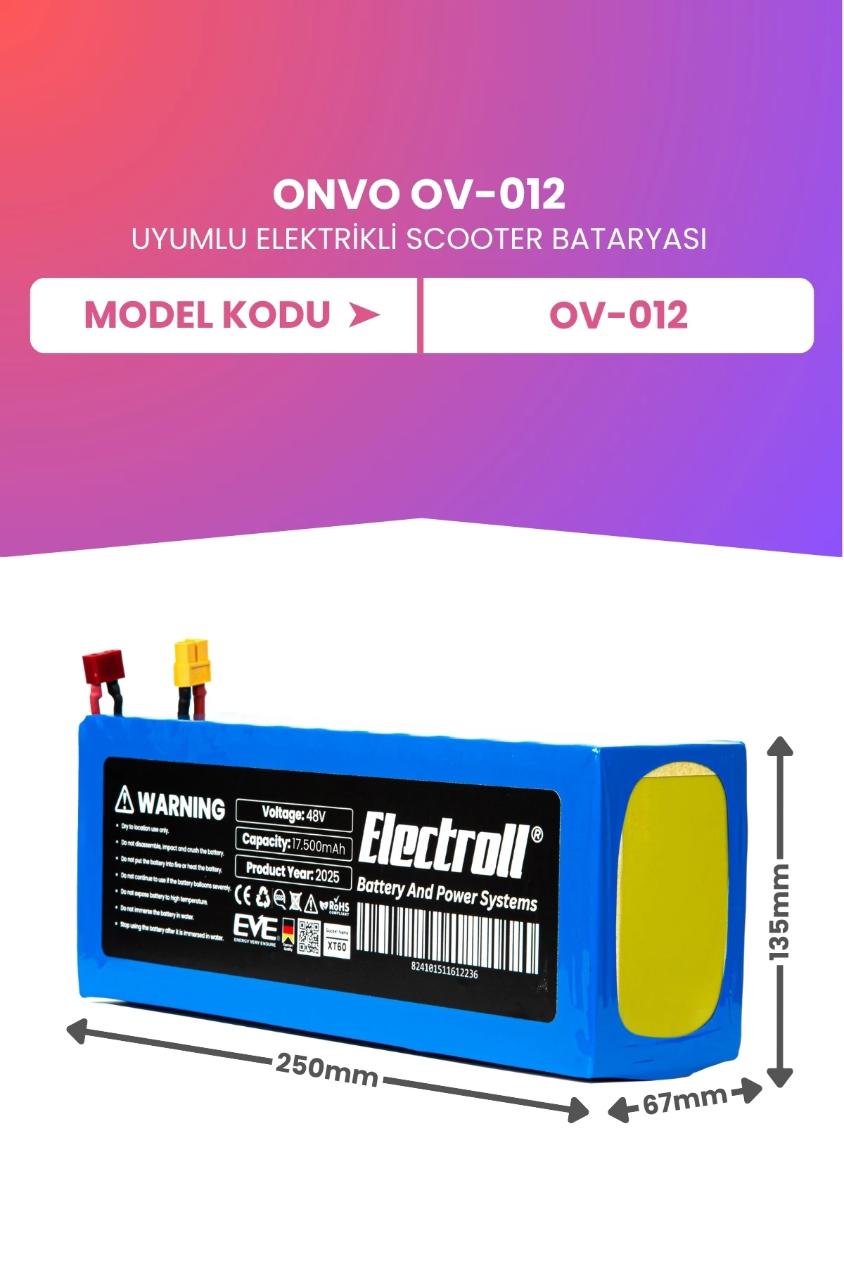 ONVO OV-012 (Maksimum Kapasite) Batarya 48v 17.5ah Pil Elektrikli Scooter Bataryası