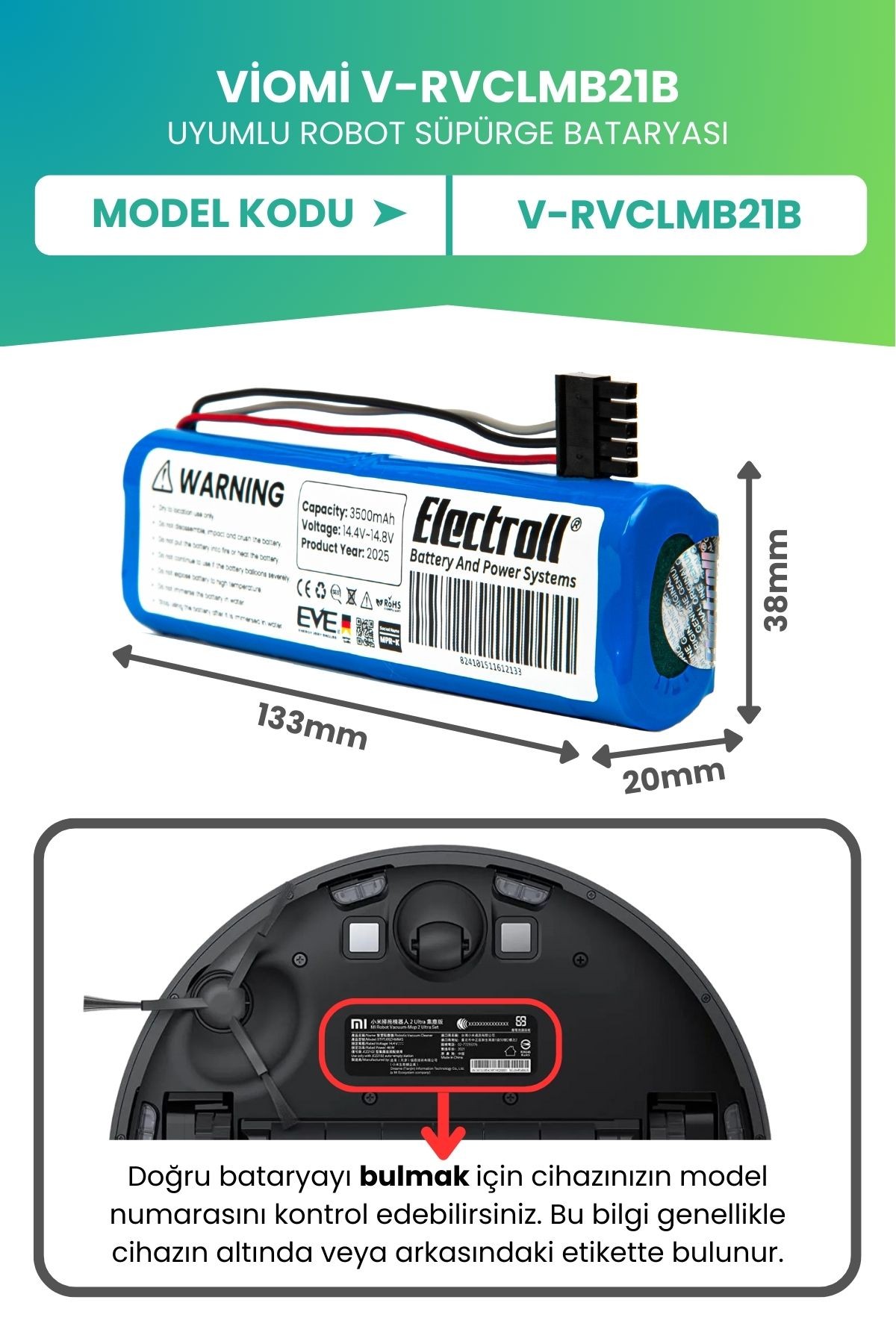 Viomi V-rvclmb21b Uyumlu Batarya (ULTRA YÜKSEK KAPASİTE) 3500mah Pil Robot Süpürge Bataryası Değişim