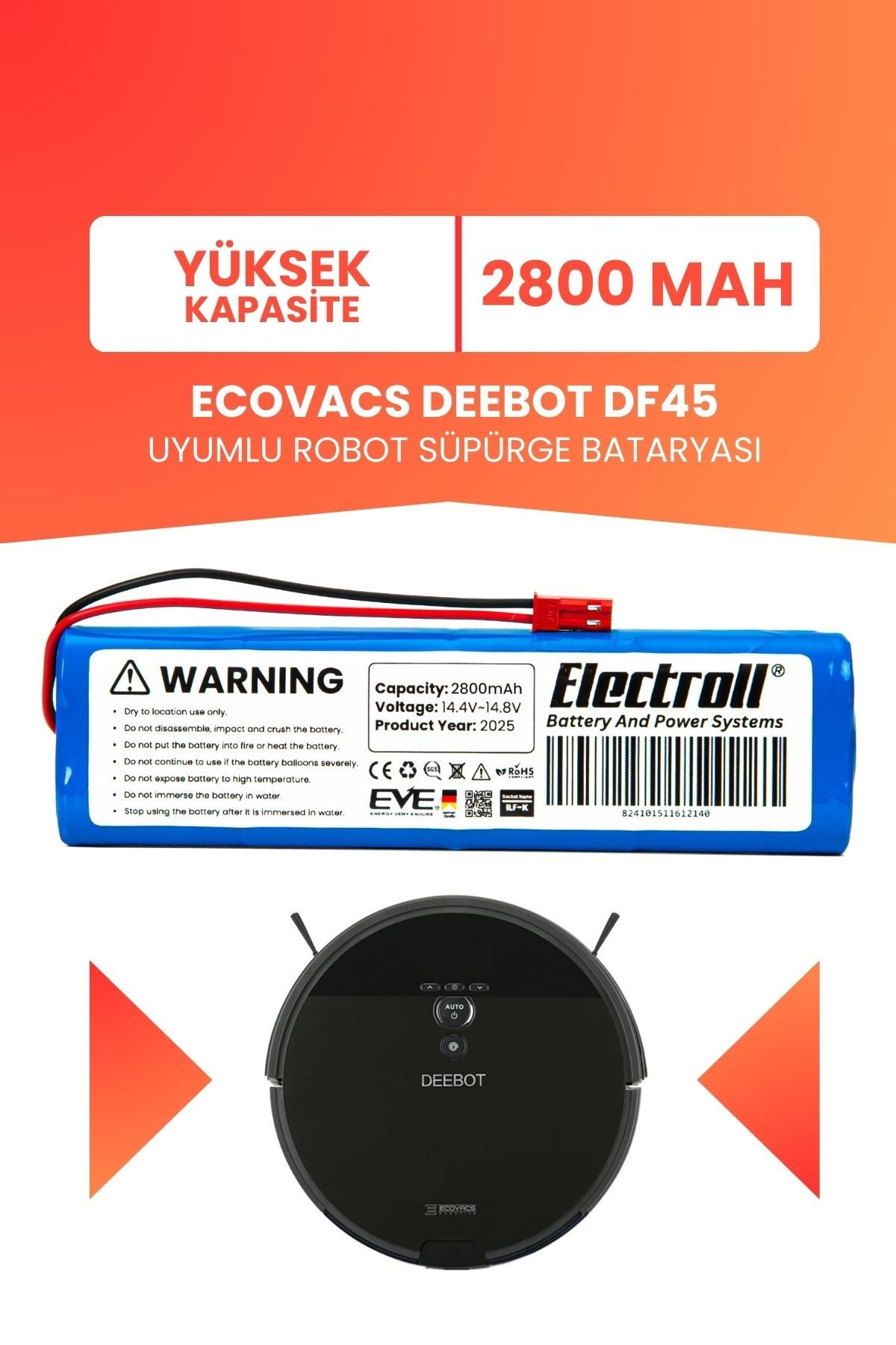 Ecovacs Deebot DF45 Uyumlu Batarya (YÜKSEK KAPASİTE) 2800mah Pil Robot Süpürge Bataryası Değişimi