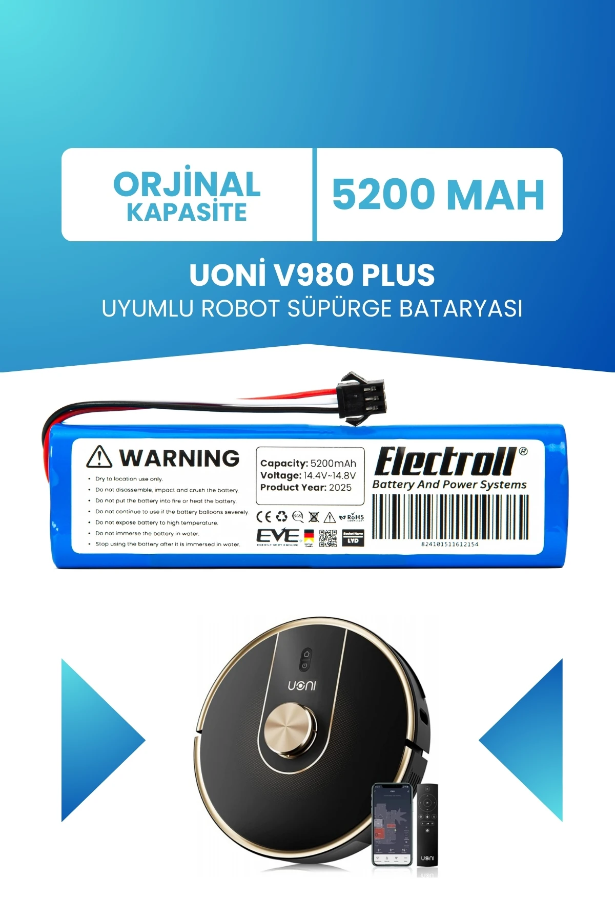 Uoni V980 Plus Uyumlu Batarya (STANDART KAPASİTE) 5200mah Pil Robot Süpürge Bataryası Değişimi