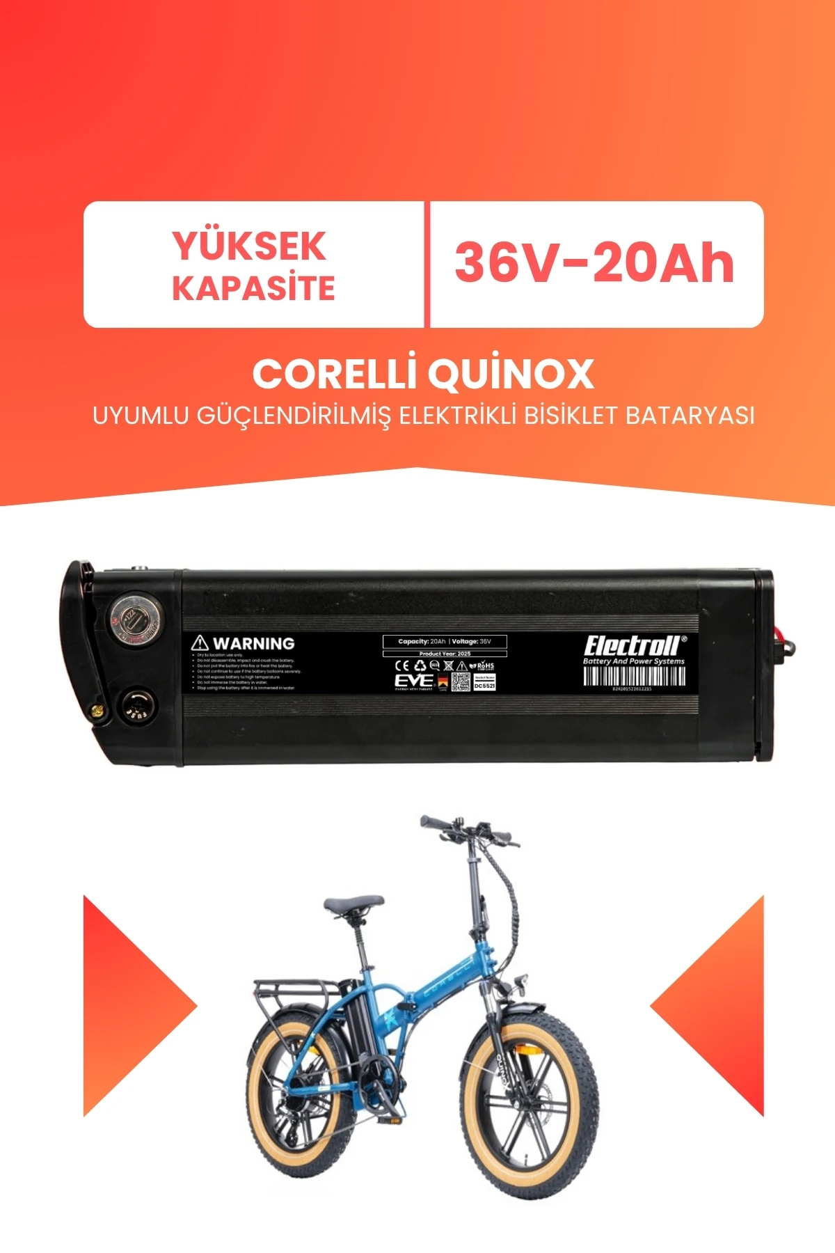 Corelli Quinox Uyumlu 36V 20Ah (Yüksek Kapasite) Güçlendirilmiş Elektrikli Bisiklet Batarya Tamir, Revizyon ve Pil Yenileme