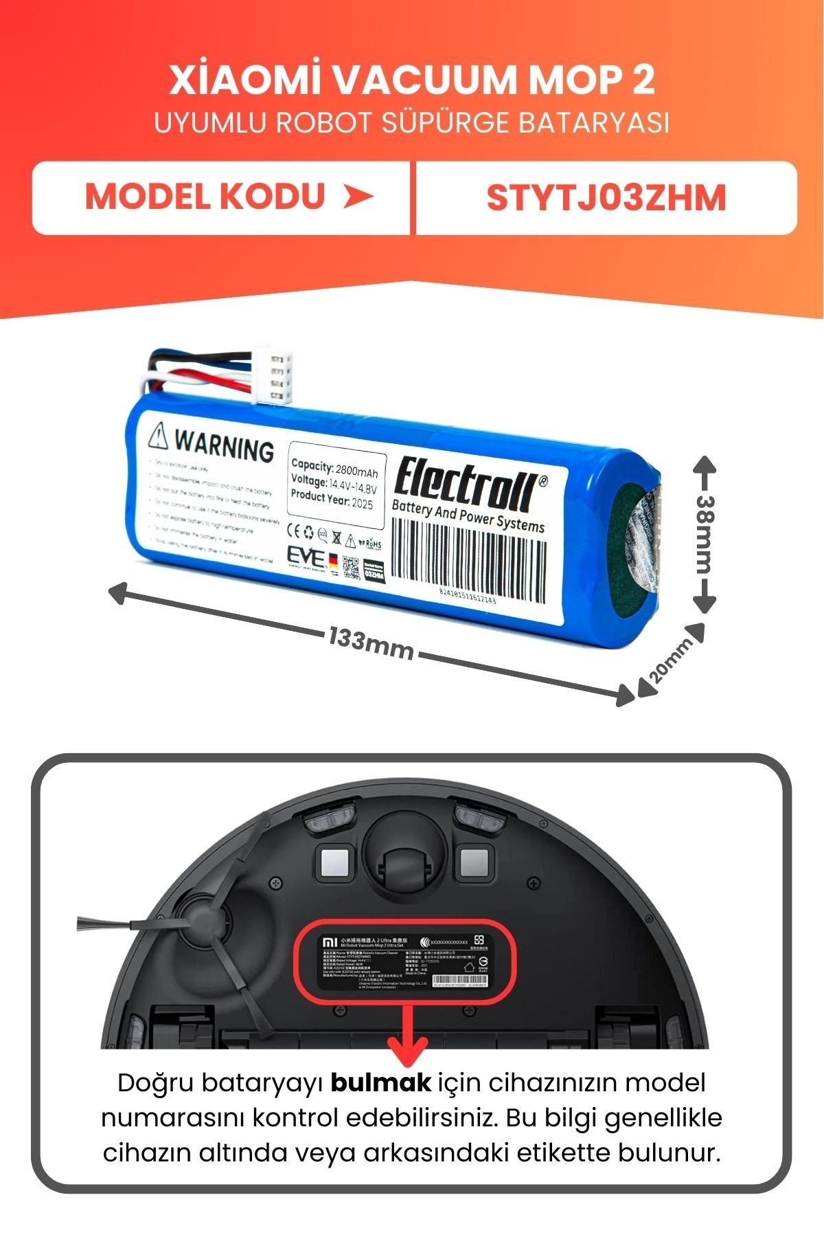 Xiaomi Vacuum Mop 2 Uyumlu Batarya (YÜKSEK KAPASİTE) 2800mah Robot Süpürge Pil Değişimi STYTJ03ZHM