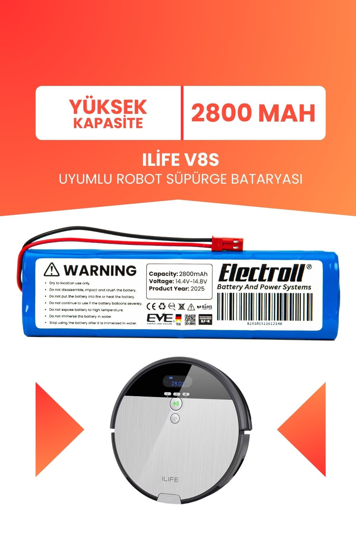 Ilife V8s Uyumlu Batarya (YÜKSEK KAPASİTE) 2800mah Pil Robot Süpürge Bataryası Değişimi