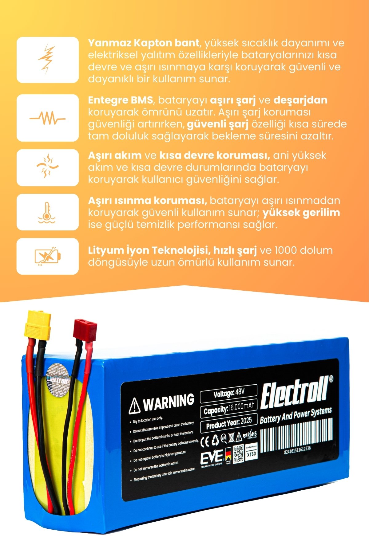 ONVO OV-110 Batarya (Mega Kapasite) Batarya 48v 16ah Pil Elektrikli Scooter Bataryası
