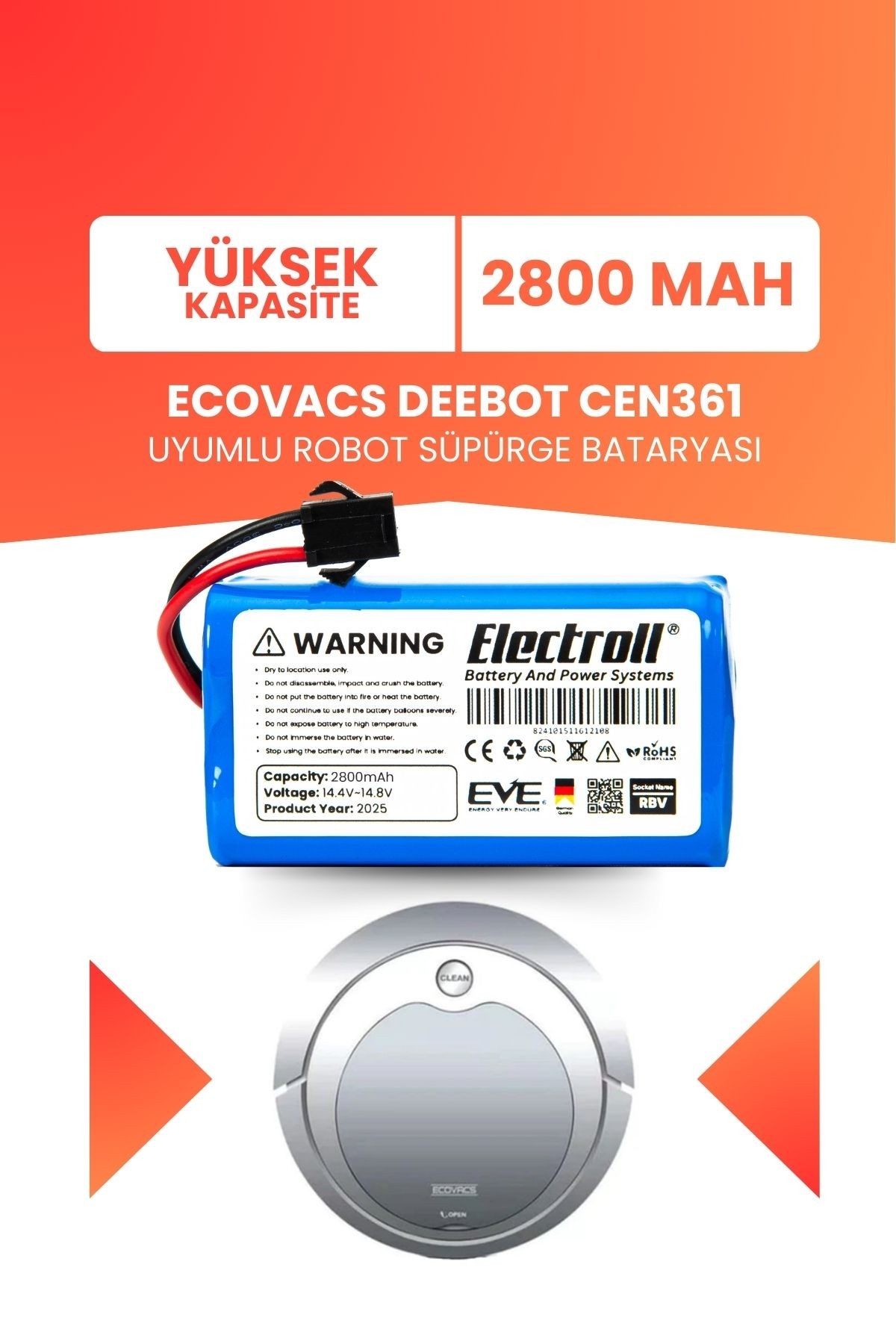 Ecovacs Deebot Cen361 Uyumlu Batarya (YÜKSEK KAPASİTE) 2800mah Pil Robot Süpürge Bataryası