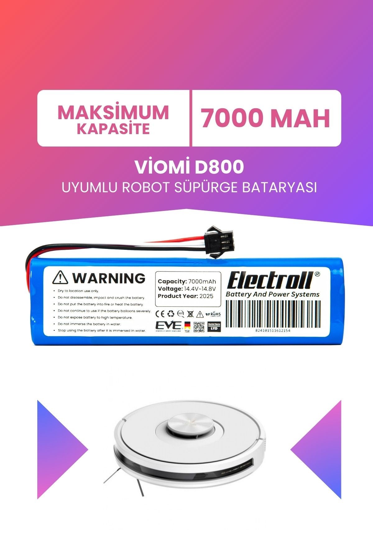 Viomi D800 Uyumlu Batarya (MAKSİMUM KAPASİTE) 7000mah Pil Robot Süpürge Bataryası Değişimi