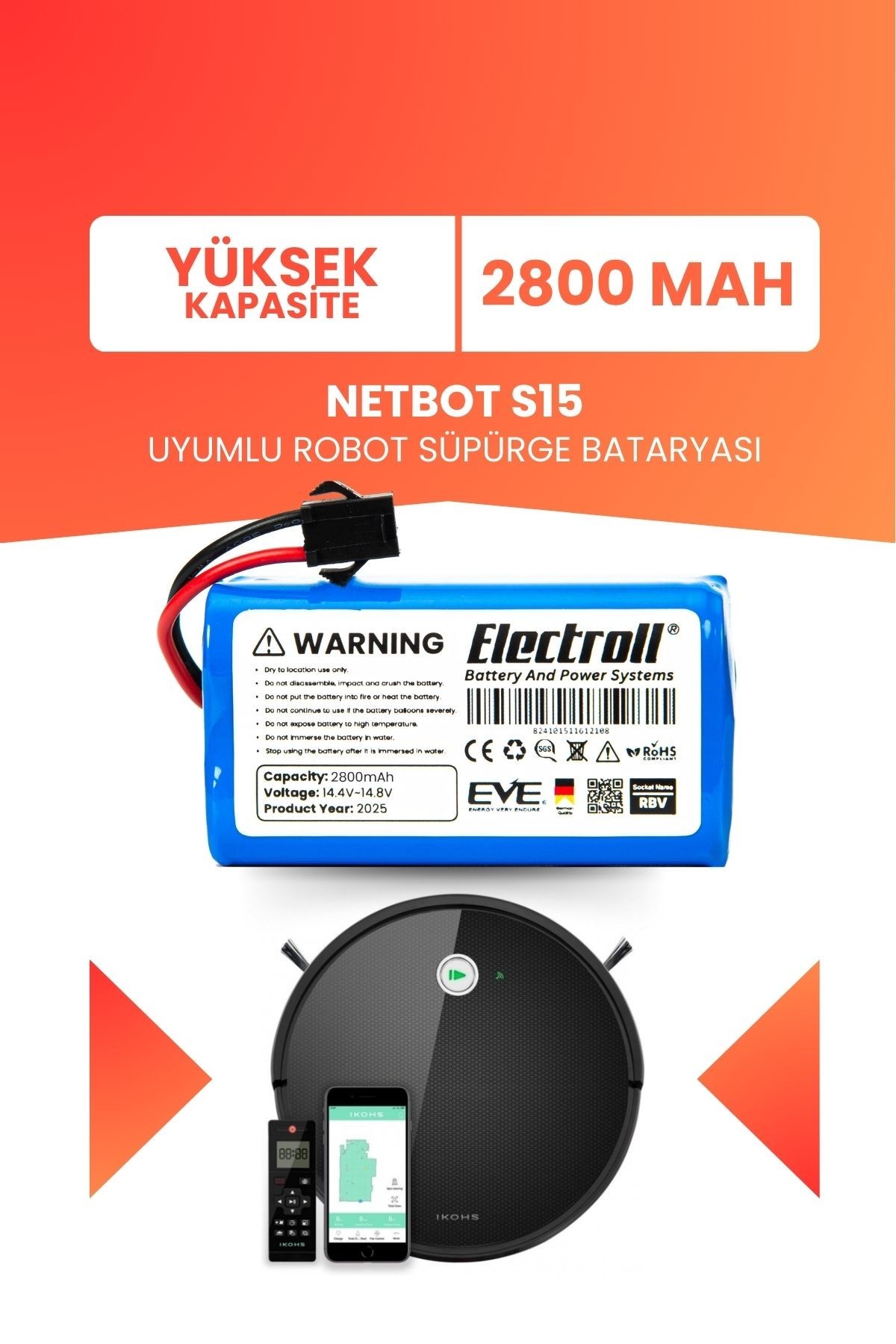 Netbot S15 Uyumlu Batarya (YÜKSEK KAPASİTE) 2800mah Pil Robot Süpürge Bataryası
