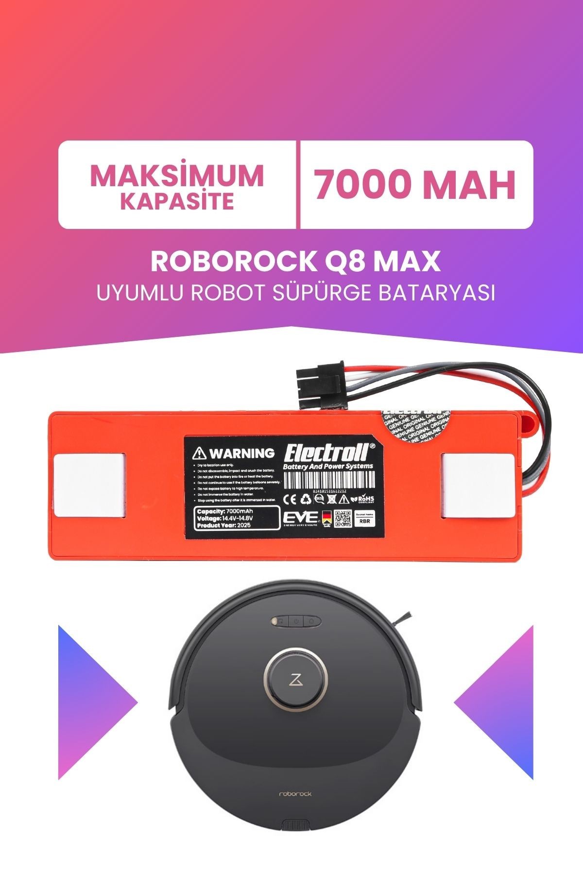 Roborock Q8 Max Uyumlu Batarya (MAKSİMUM KAPASİTE) 7000mah Kutulu Robot Süpürge Bataryası Değişimi
