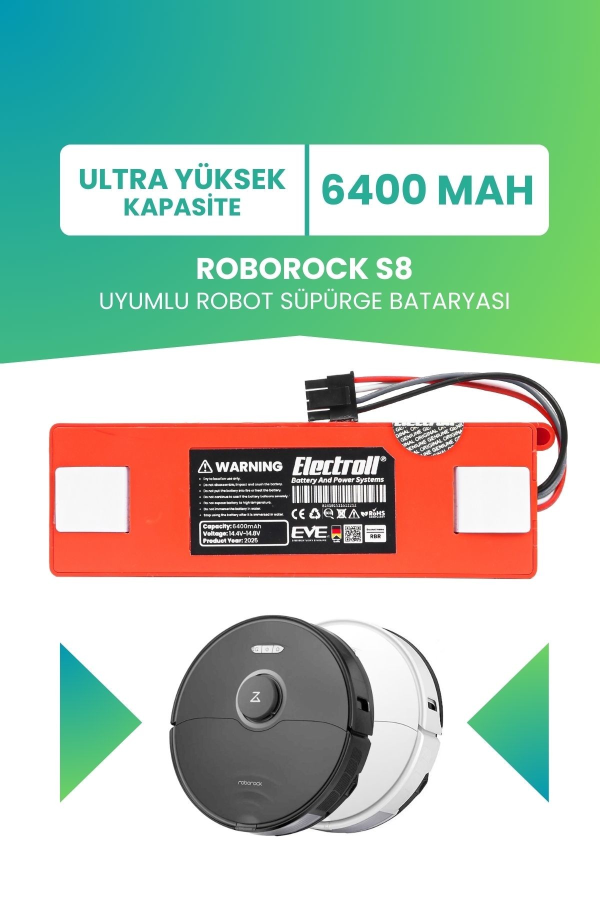 Roborock S8 Uyumlu Batarya (ULTRA YÜKSEK KAPASİTE) 6400mah Kutulu Robot Süpürge Pil Değişimi
