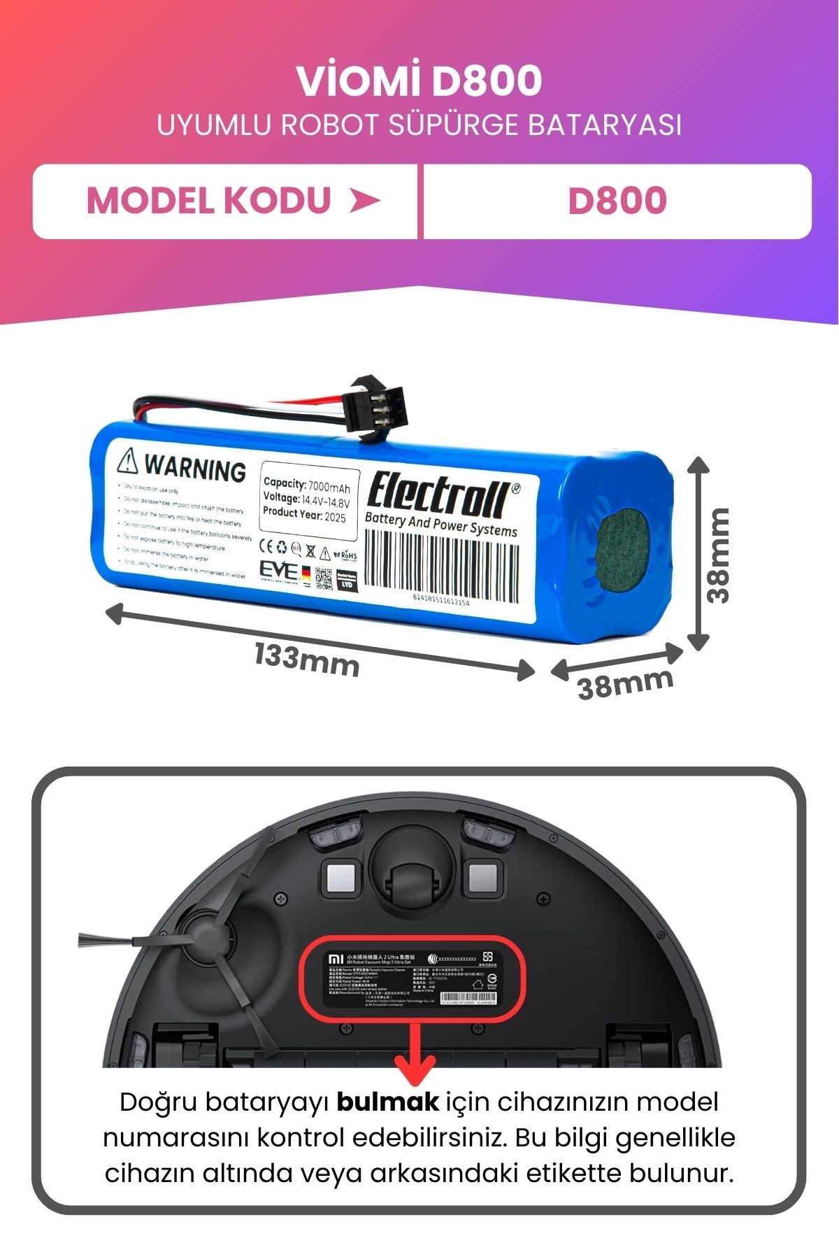 Viomi D800 Uyumlu Batarya (MAKSİMUM KAPASİTE) 7000mah Pil Robot Süpürge Bataryası Değişimi