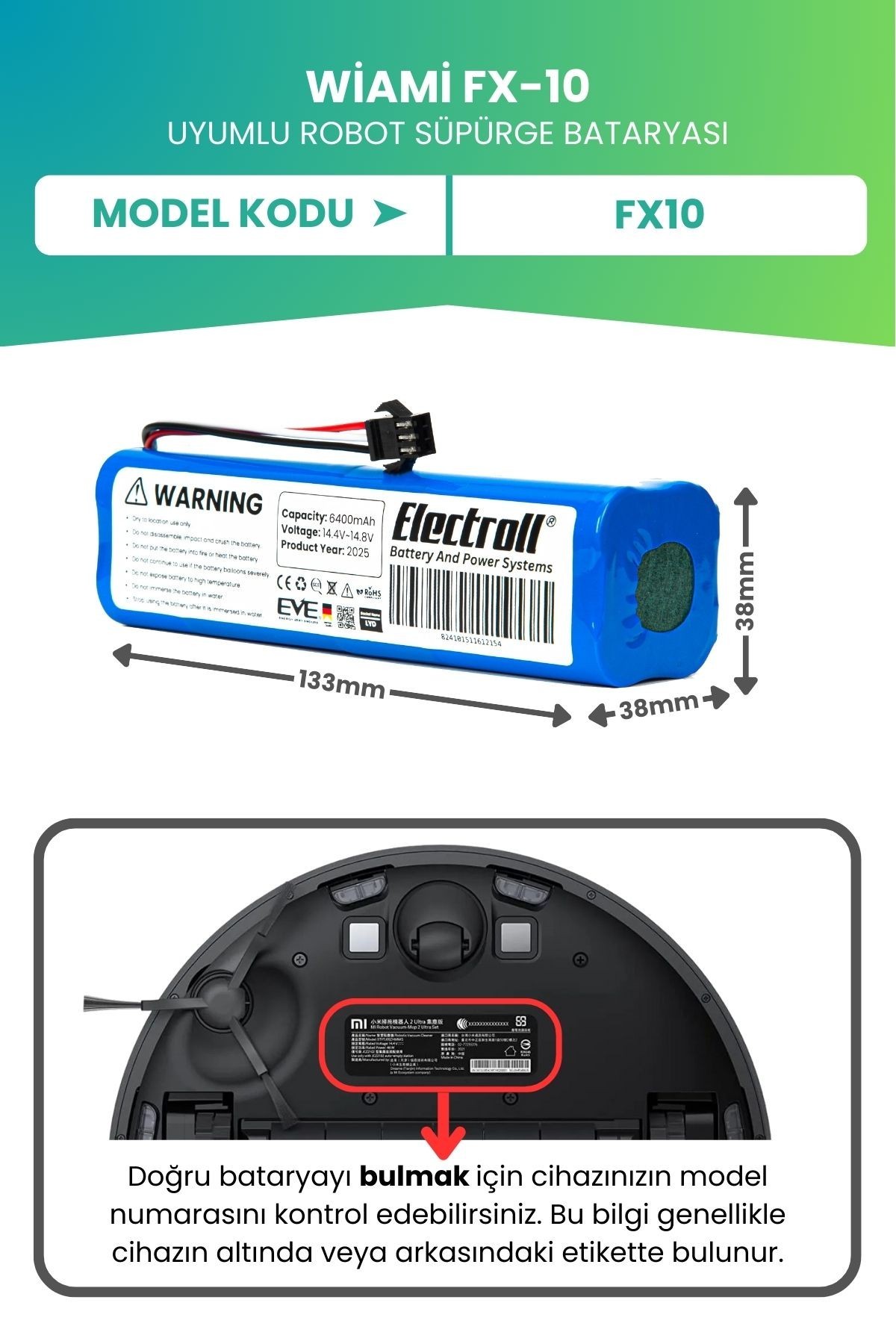 Wiami Fx-10 Uyumlu Batarya (ULTRA YÜKSEK KAPASİTE) 6400mah Pil Robot Süpürge Bataryası Değişimi