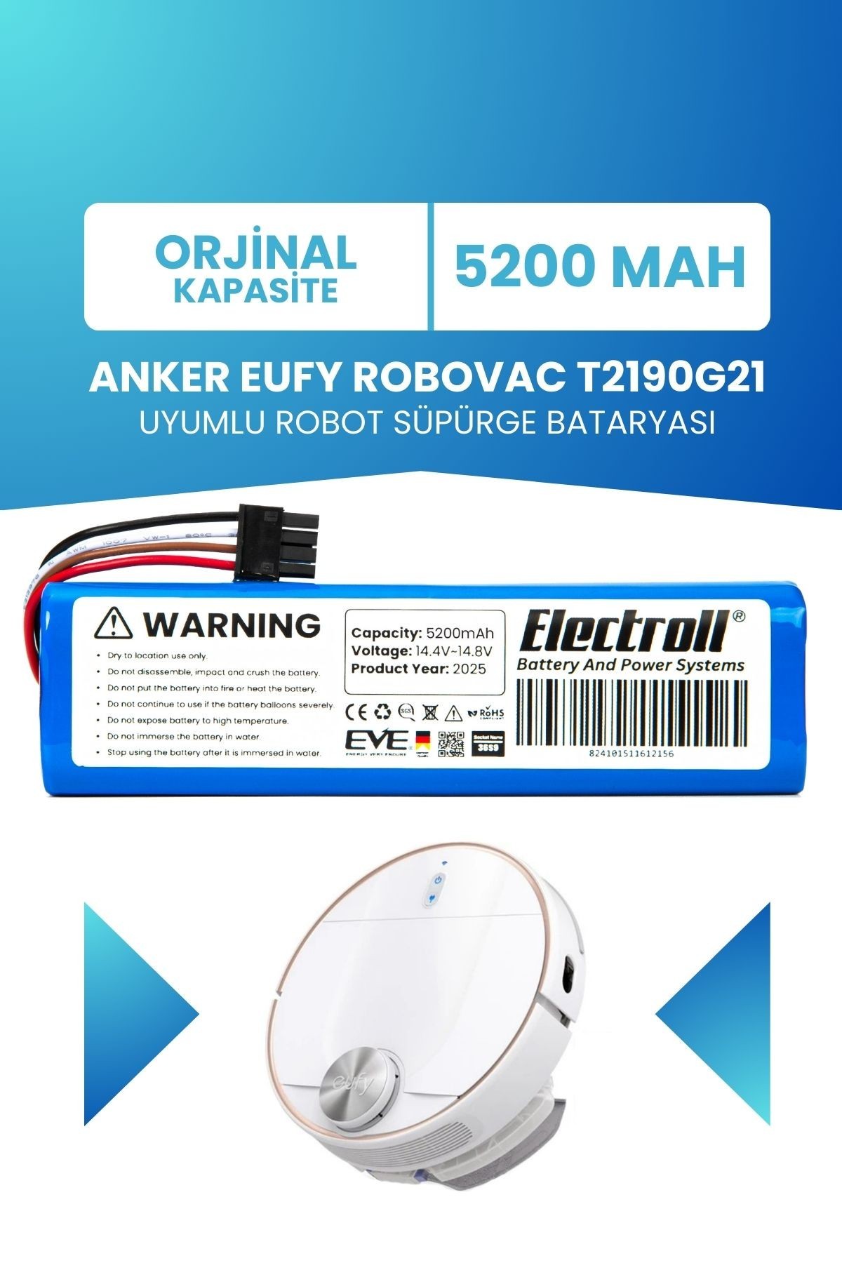 Eufy T2190g21 Uyumlu Batarya (ORJİNAL KAPASİTE) 5200mah Pil Robot Süpürge Batarya Değişimi